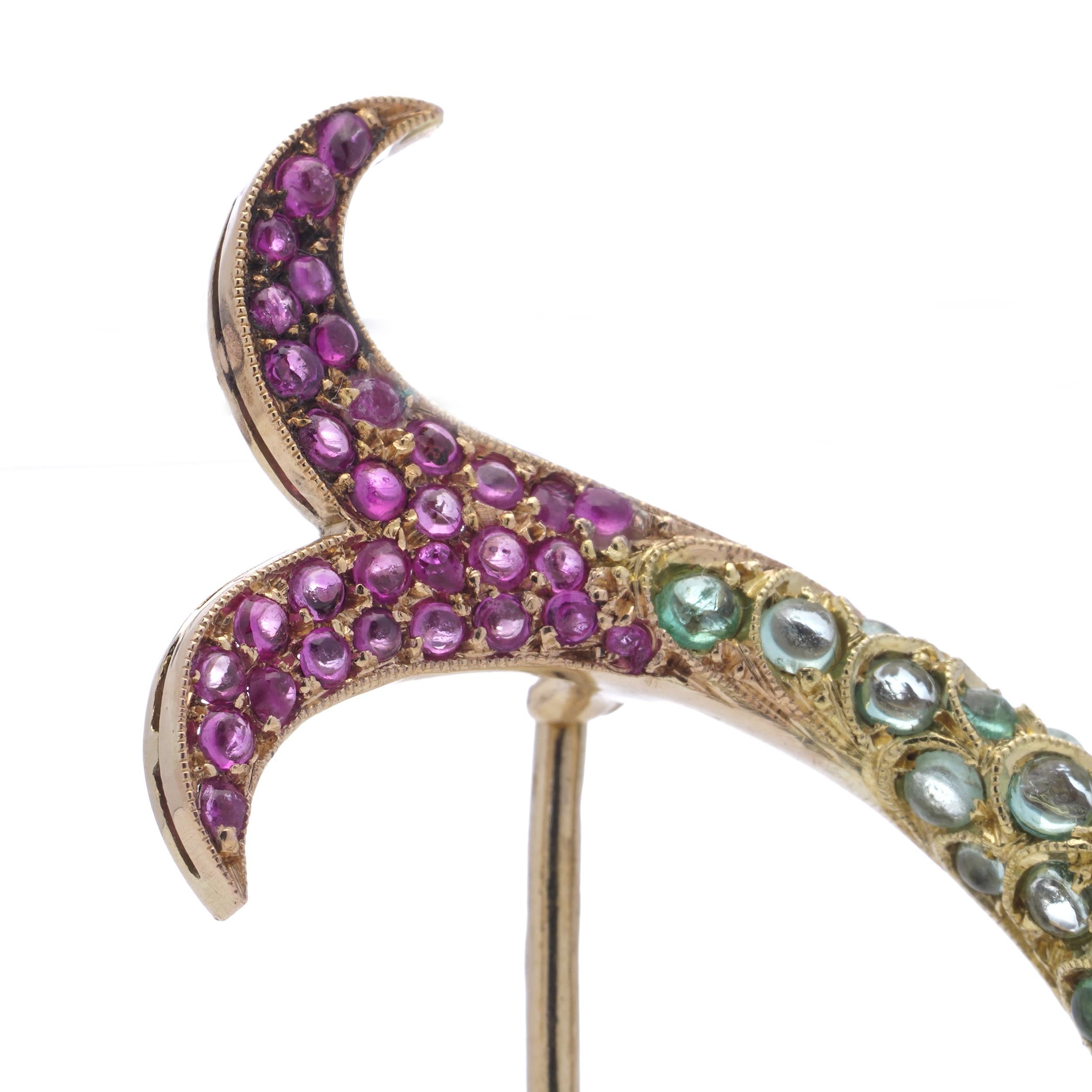 Vintage 19.2 Karat Gold Whimsical Fish Brooch, Set with Rubies and Emeralds In Good Condition For Sale In Braintree, GB