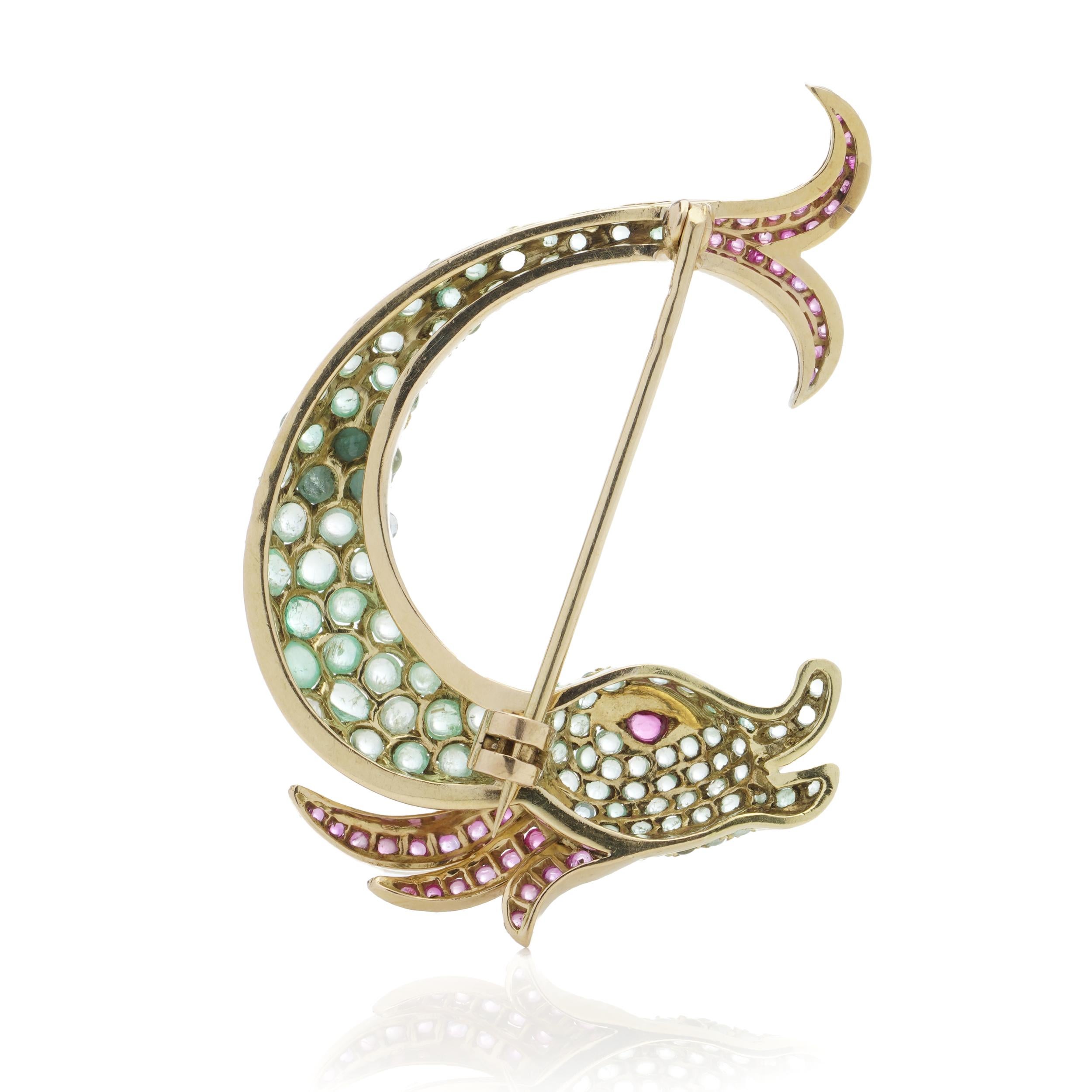 Women's or Men's Vintage 19.2 Karat Gold Whimsical Fish Brooch, Set with Rubies and Emeralds For Sale