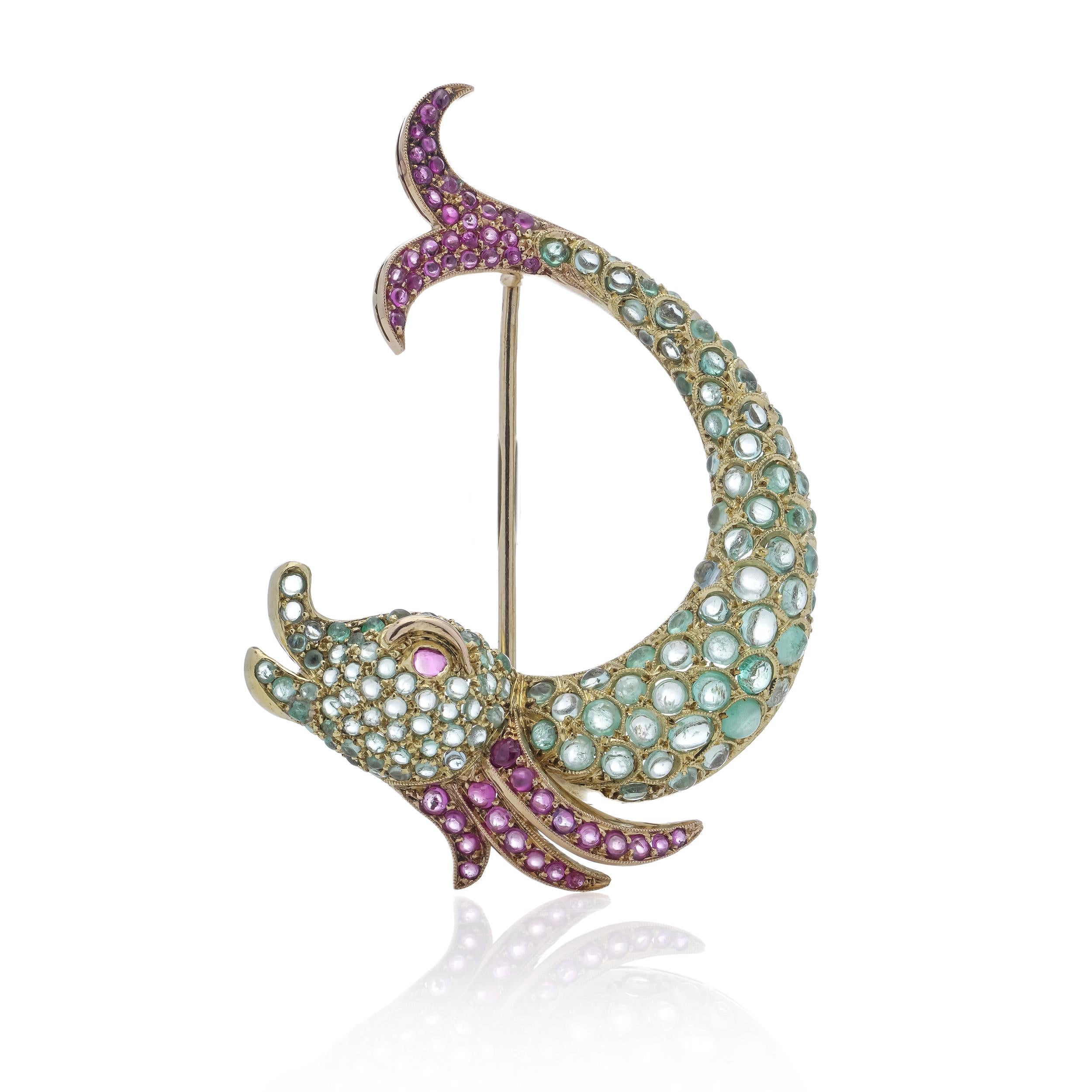 Vintage 19.2 Karat Gold Whimsical Fish Brooch, Set with Rubies and Emeralds For Sale 3