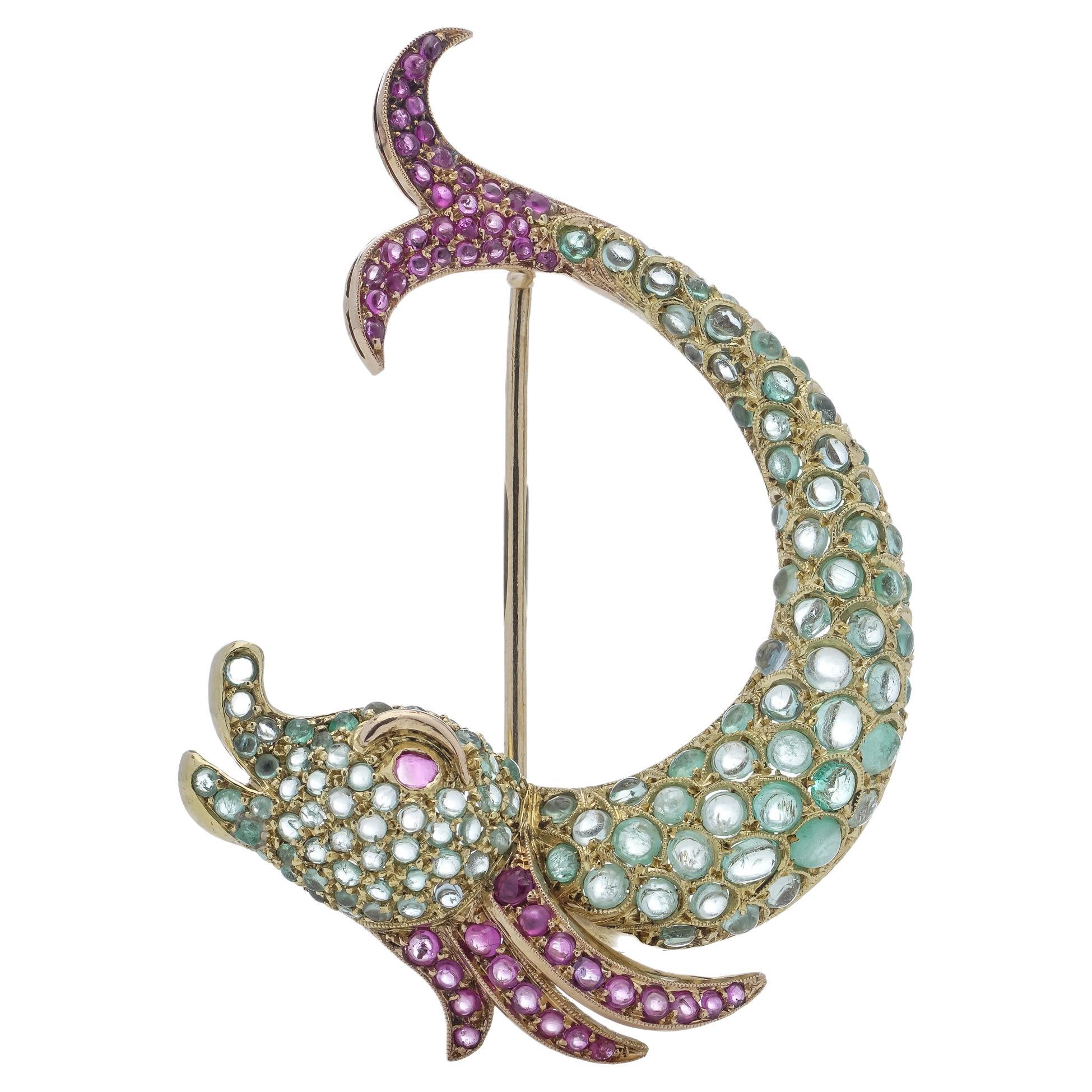 Vintage 19.2 Karat Gold Whimsical Fish Brooch, Set with Rubies and Emeralds For Sale