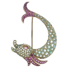Vintage 19.2 Karat Gold Whimsical Fish Brooch, Set with Rubies and Emeralds