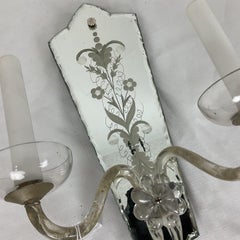 Vintage 1920 Geätzte geschnitzte Spiegel Wandleuchter