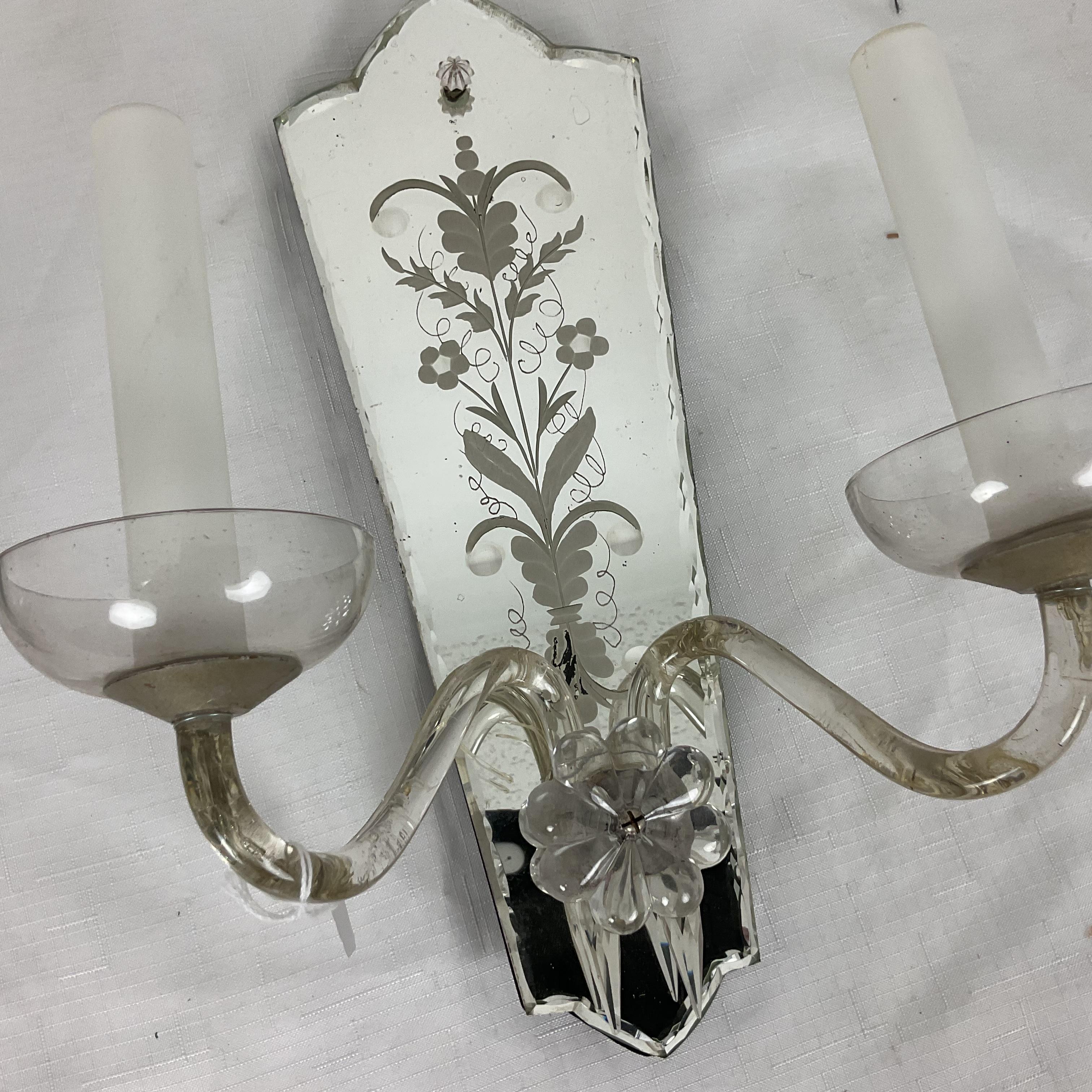 Vintage 1920 Etched Carved Mirror Sconces In Good Condition For Sale In West Palm Beach, FL