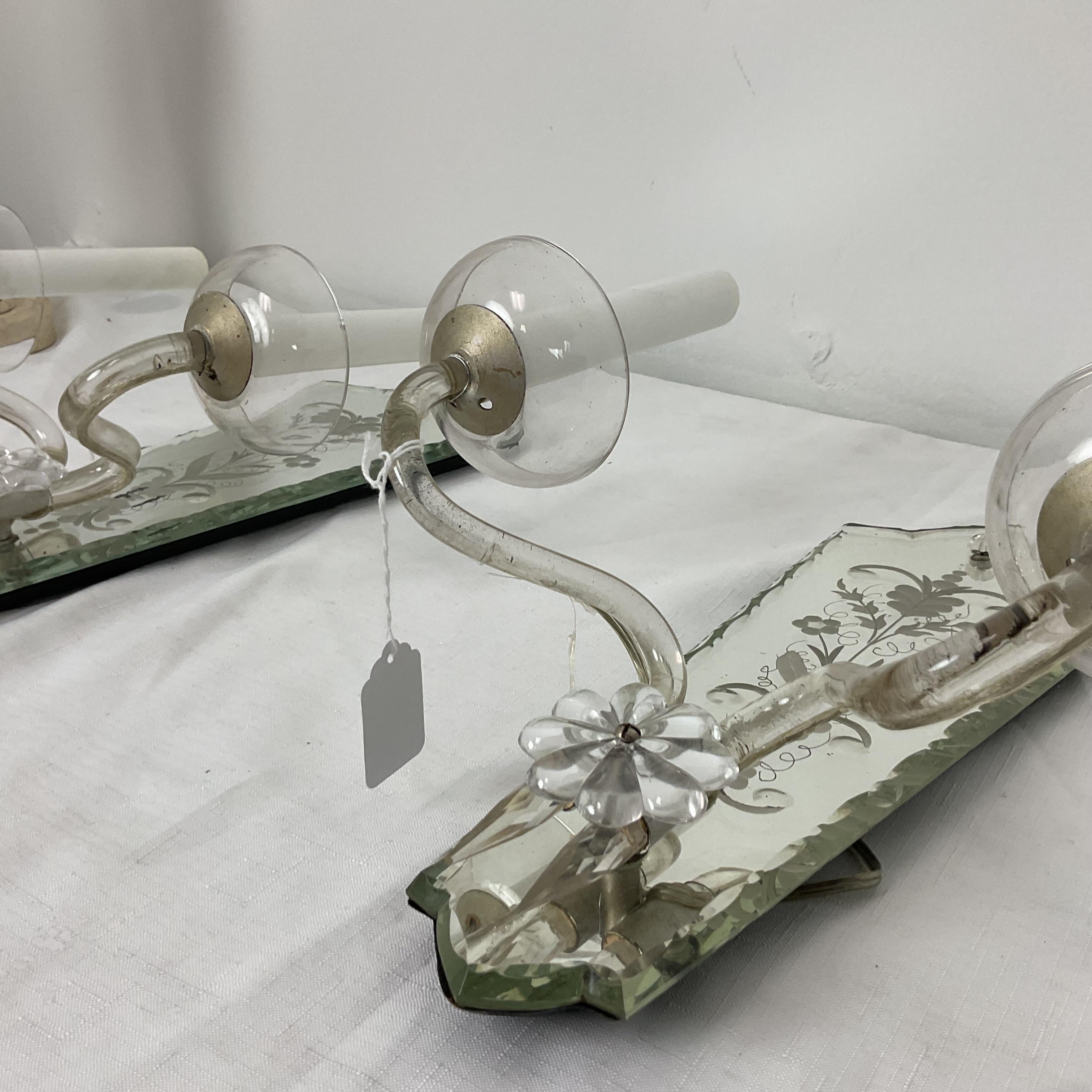 Glass Vintage 1920 Etched Carved Mirror Sconces For Sale