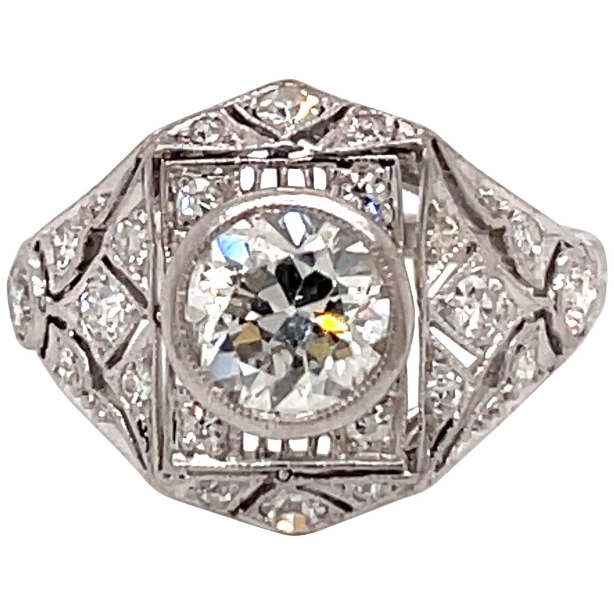 Vintage 1920s 1.25 Carat European Cut Diamond Platinum Filigree Ring