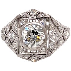 Vintage 1920s 1.25 Carat European Cut Diamond Platinum Filigree Ring