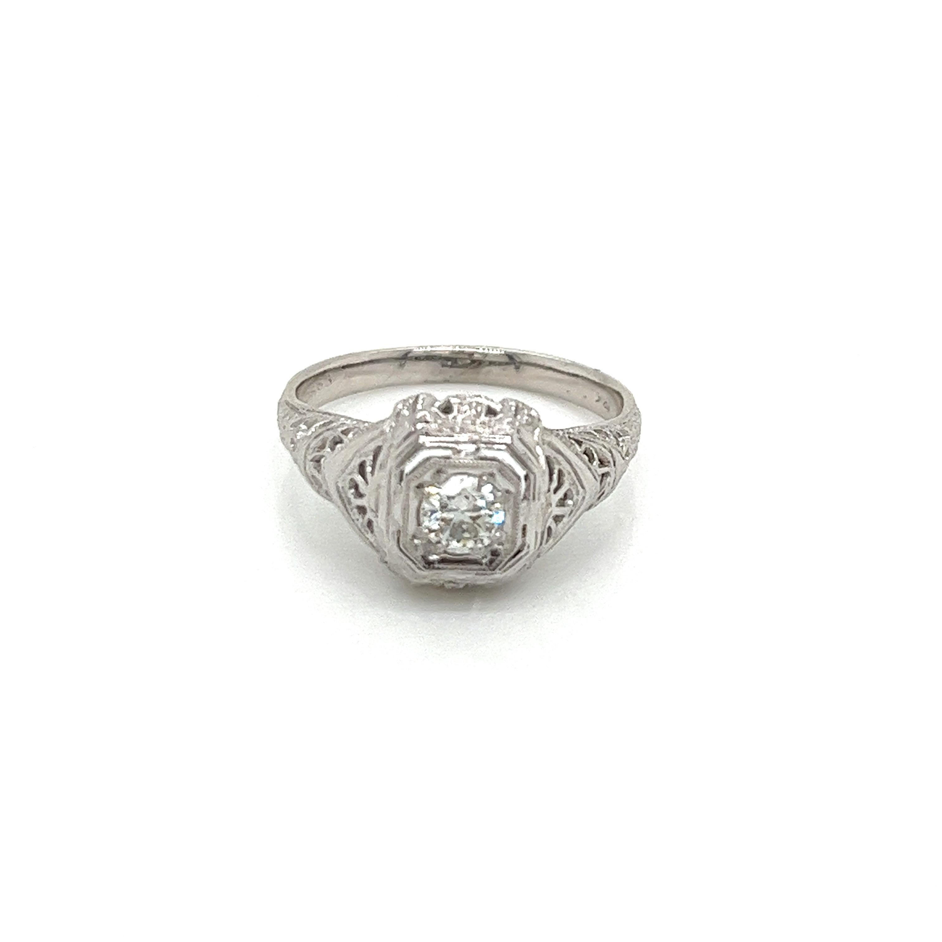 Edwardian Vintage 1920's 18K White Gold Engagement Ring .22ct For Sale