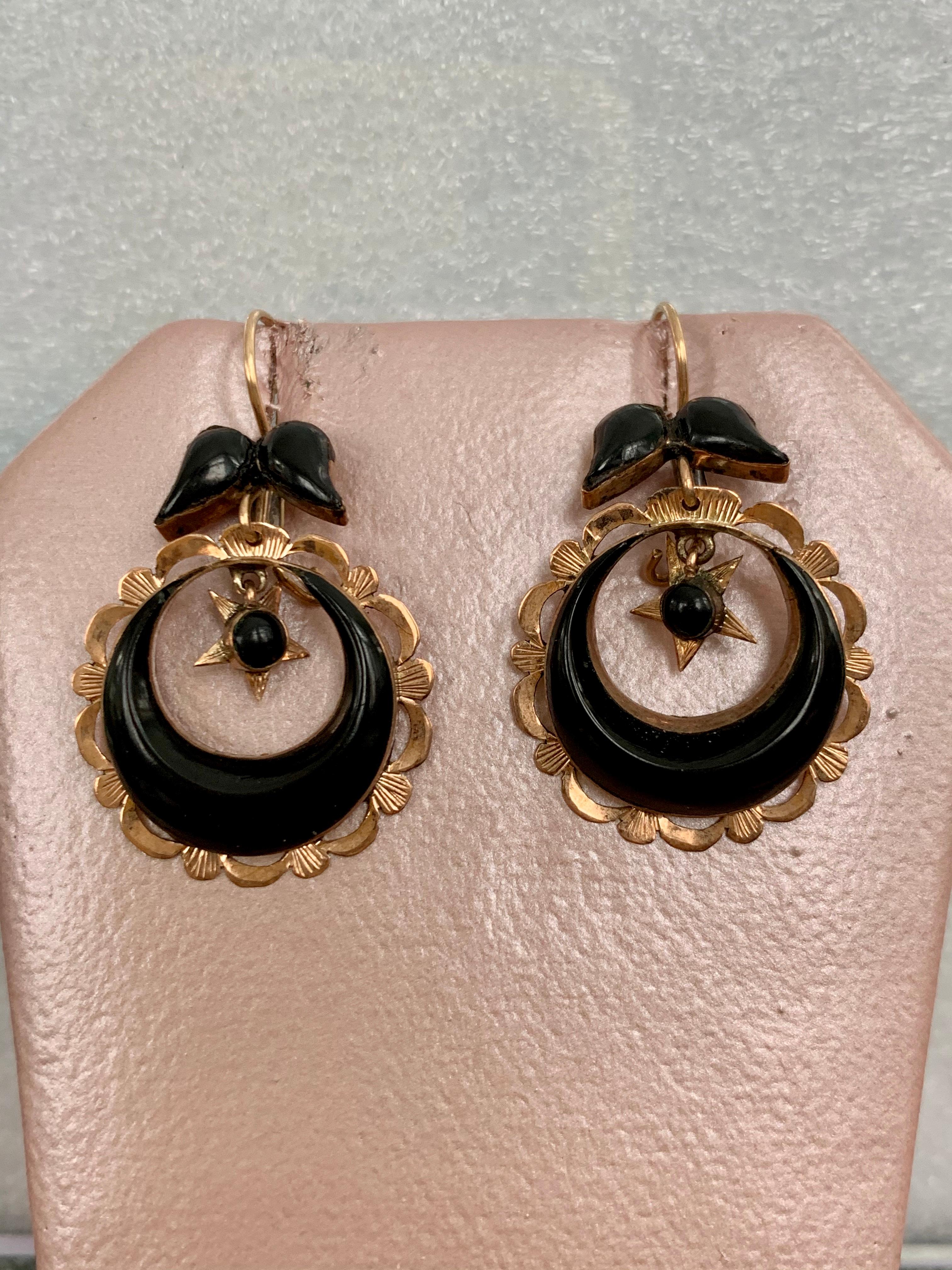 Vintage 1920s-1930s Black Onyx 14 Karat Yellow Gold Drop Earrings 1
