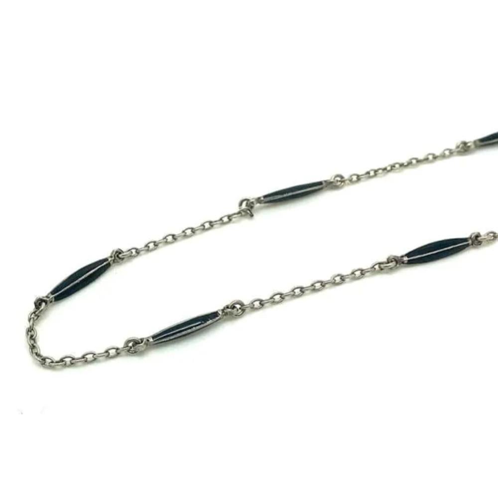Vintage 1920s Art Deco Black Enamel & Silver Chain Necklace For Sale 2