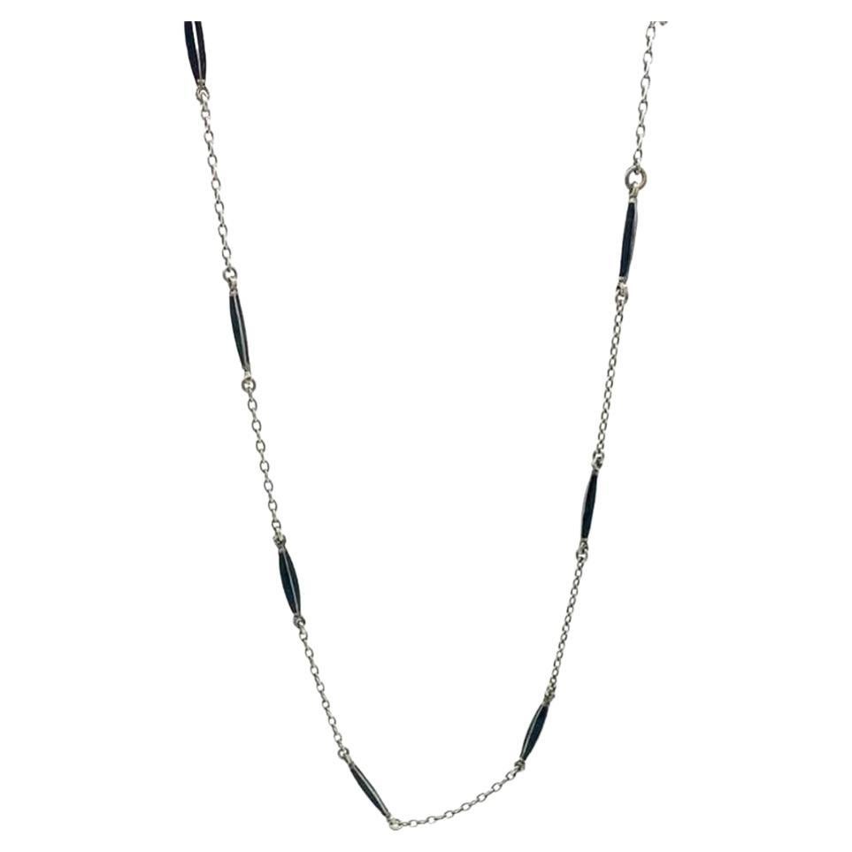 Vintage 1920s Art Deco Black Enamel & Silver Chain Necklace
