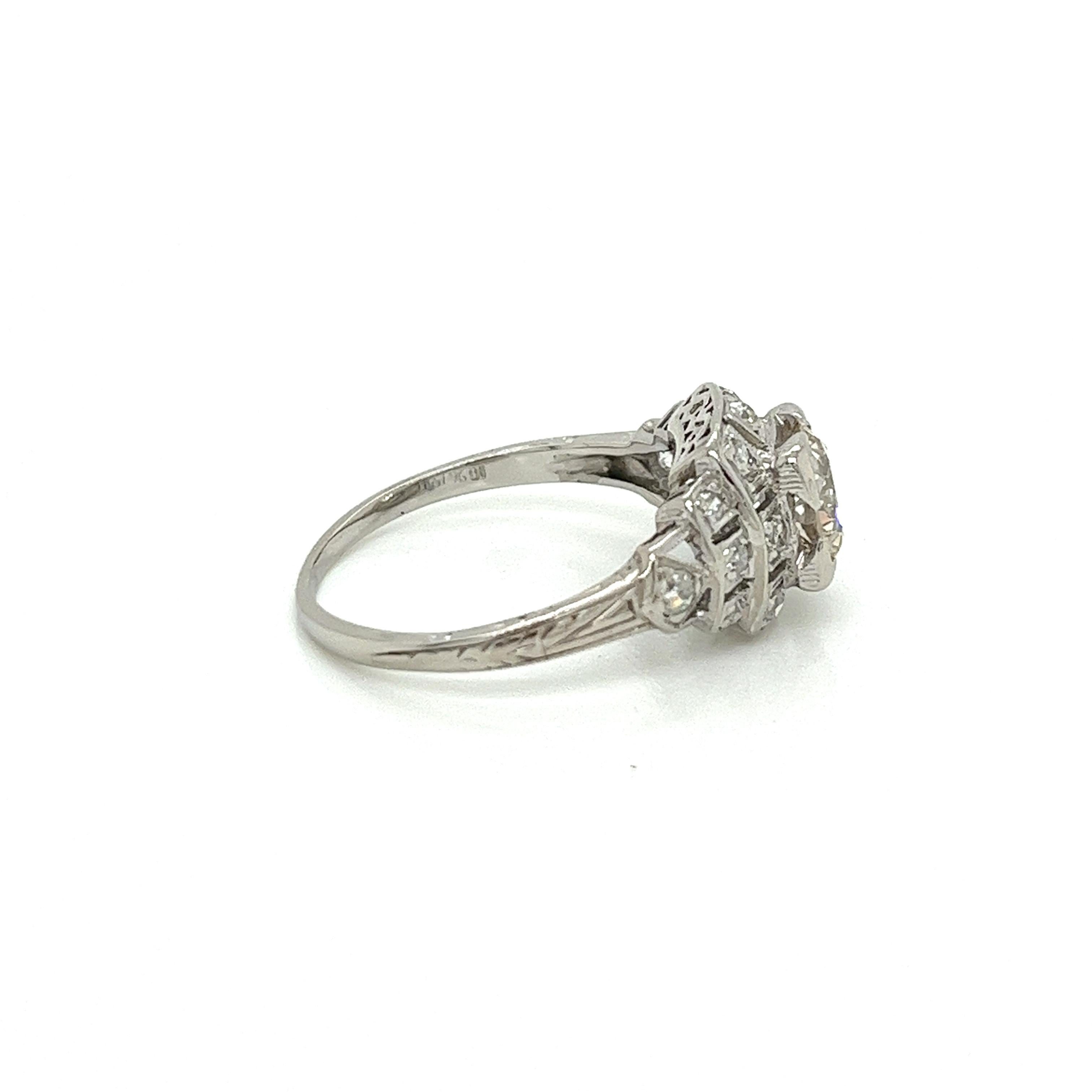Vintage 1920s Art Deco Platinum Diamond Engagement Ring .82ct In Good Condition For Sale In Boston, MA