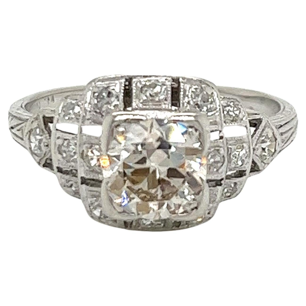 Vintage 1920s Art Deco Platinum Diamond Engagement Ring .82ct For Sale