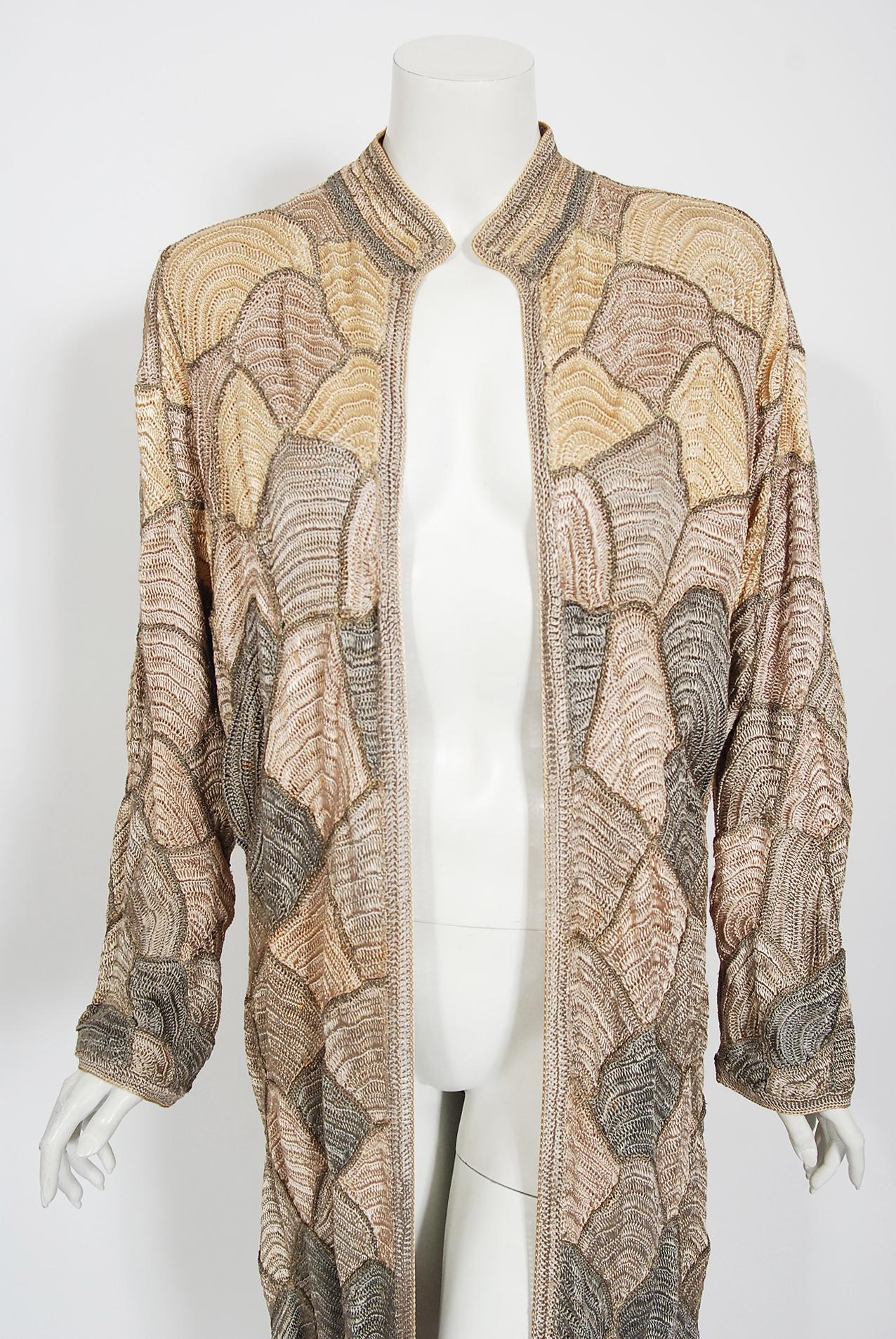 Extremely stylized Austrian deco knit jacket from the mid-1920's which could easily be a Wiener Werkstatte couture made for export. The Wiener Werkstatte was founded in 1903 by the young architect Josef Hoffmann and his artist friend, Koloman Moser.