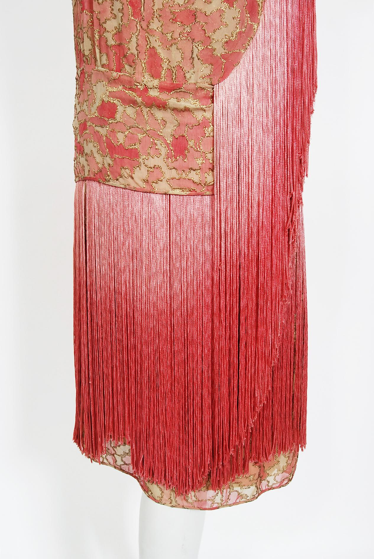 Vintage 1920's B. Altman Couture Metallic-Pink Lamé Ombre Fringe Flapper Dress 6