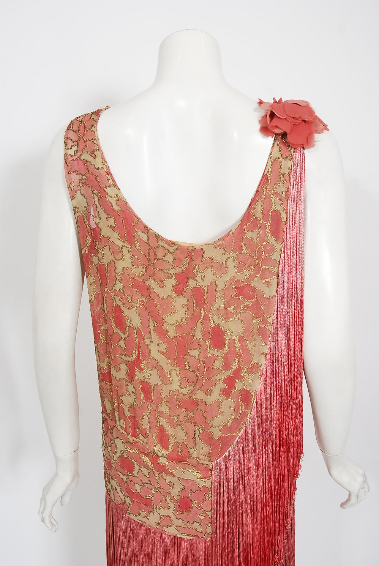 Vintage 1920's B. Altman Couture Metallic-Pink Lamé Ombre Fringe Flapper Dress 7