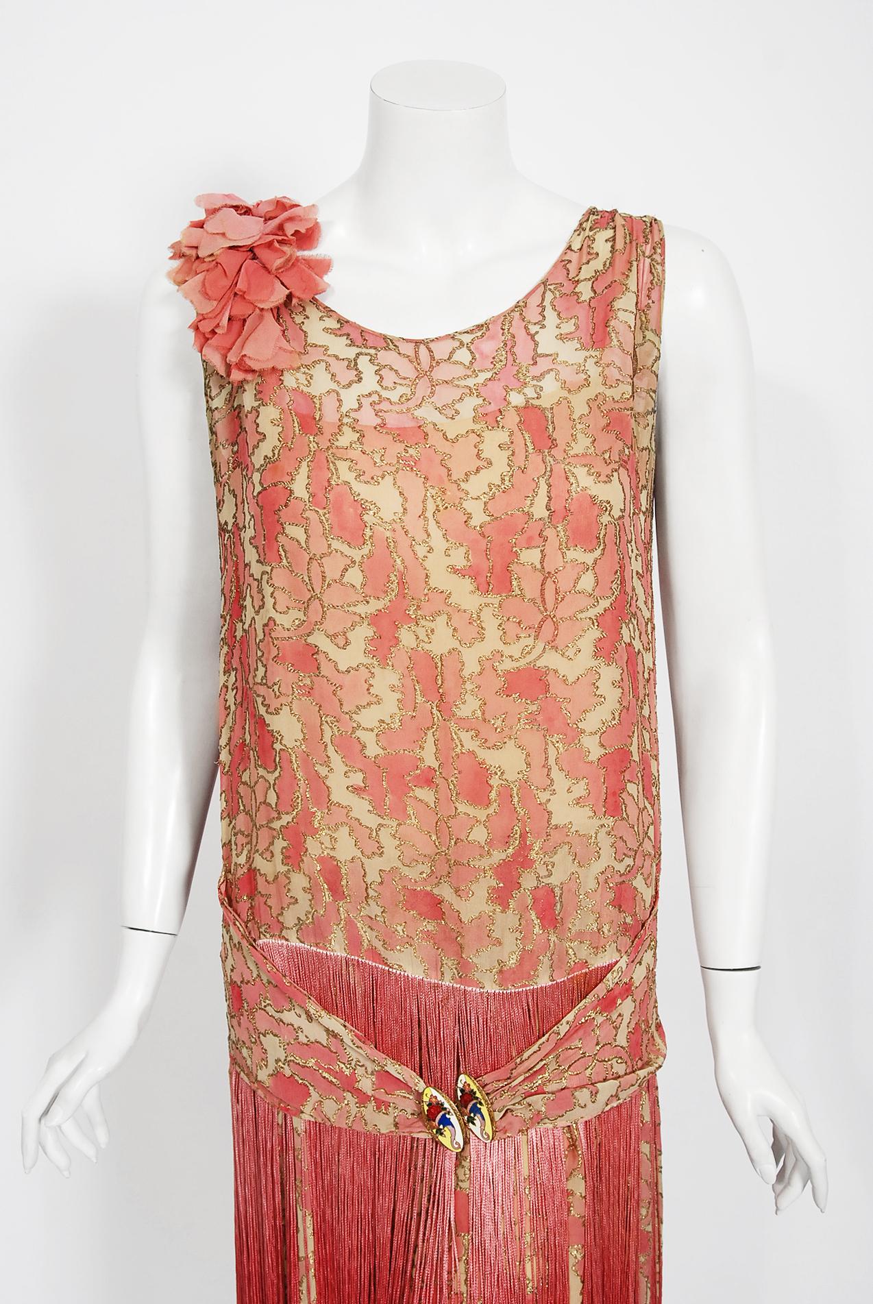 Breathtaking B. Altman Couture metallic silk-lame evening dance dress dating back to the mid 1920's. B. Altman and Company was a luxury department store, founded in 1865 in New York City, by Benjamin Altman.  The ethereal pink and gold color palette
