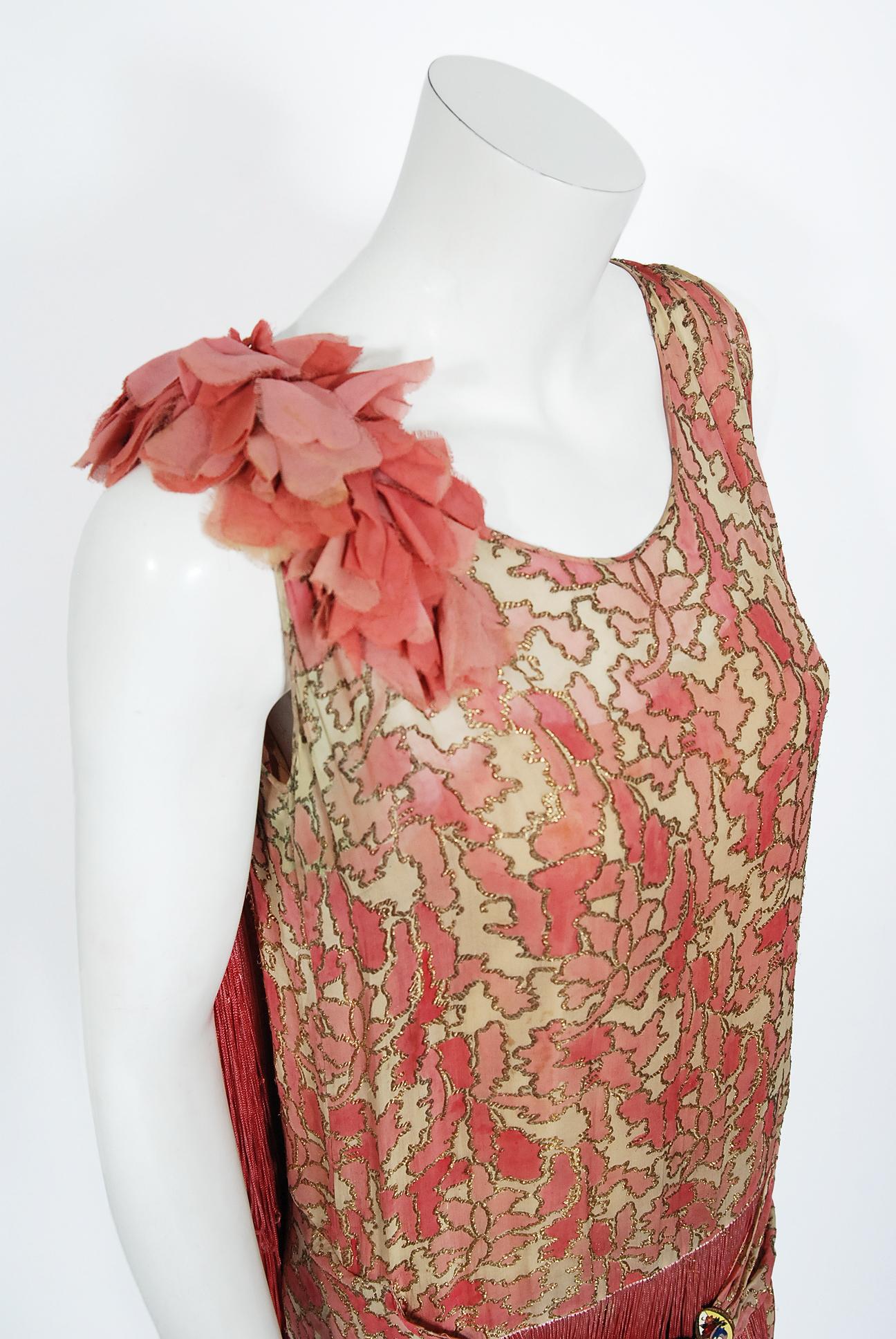 Beige Vintage 1920's B. Altman Couture Metallic-Pink Lamé Ombre Fringe Flapper Dress