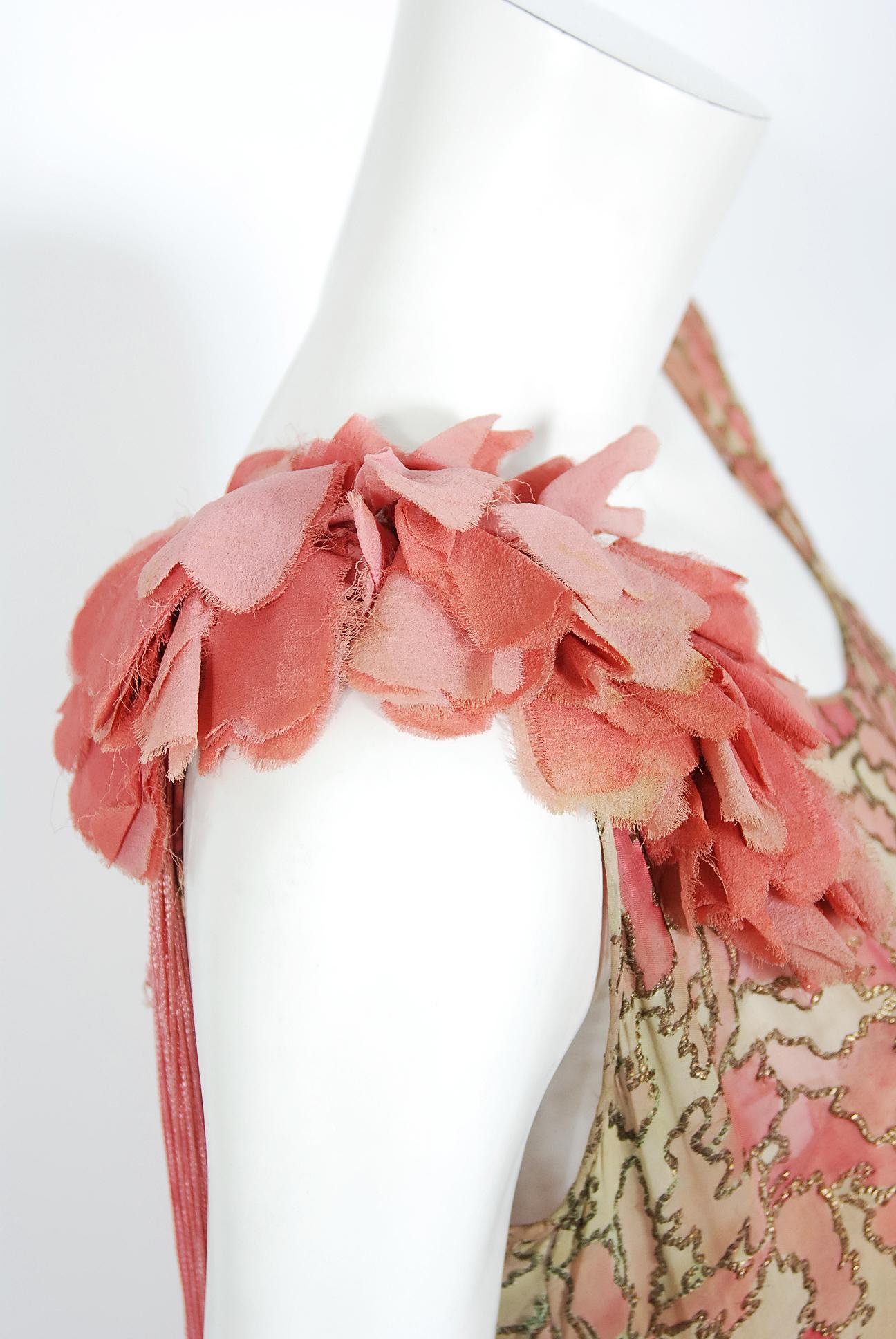 Vintage 1920's B. Altman Couture Metallic-Pink Lamé Ombre Fringe Flapper Dress In Good Condition In Beverly Hills, CA