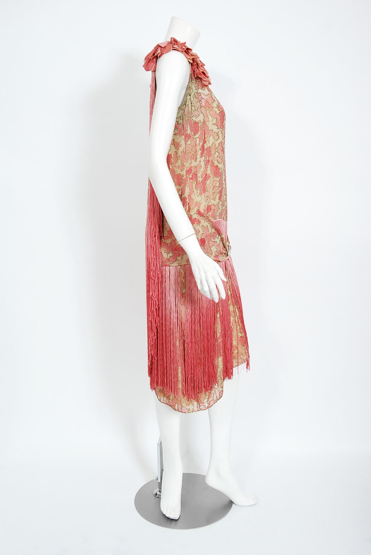 Women's or Men's Vintage 1920's B. Altman Couture Metallic-Pink Lamé Ombre Fringe Flapper Dress