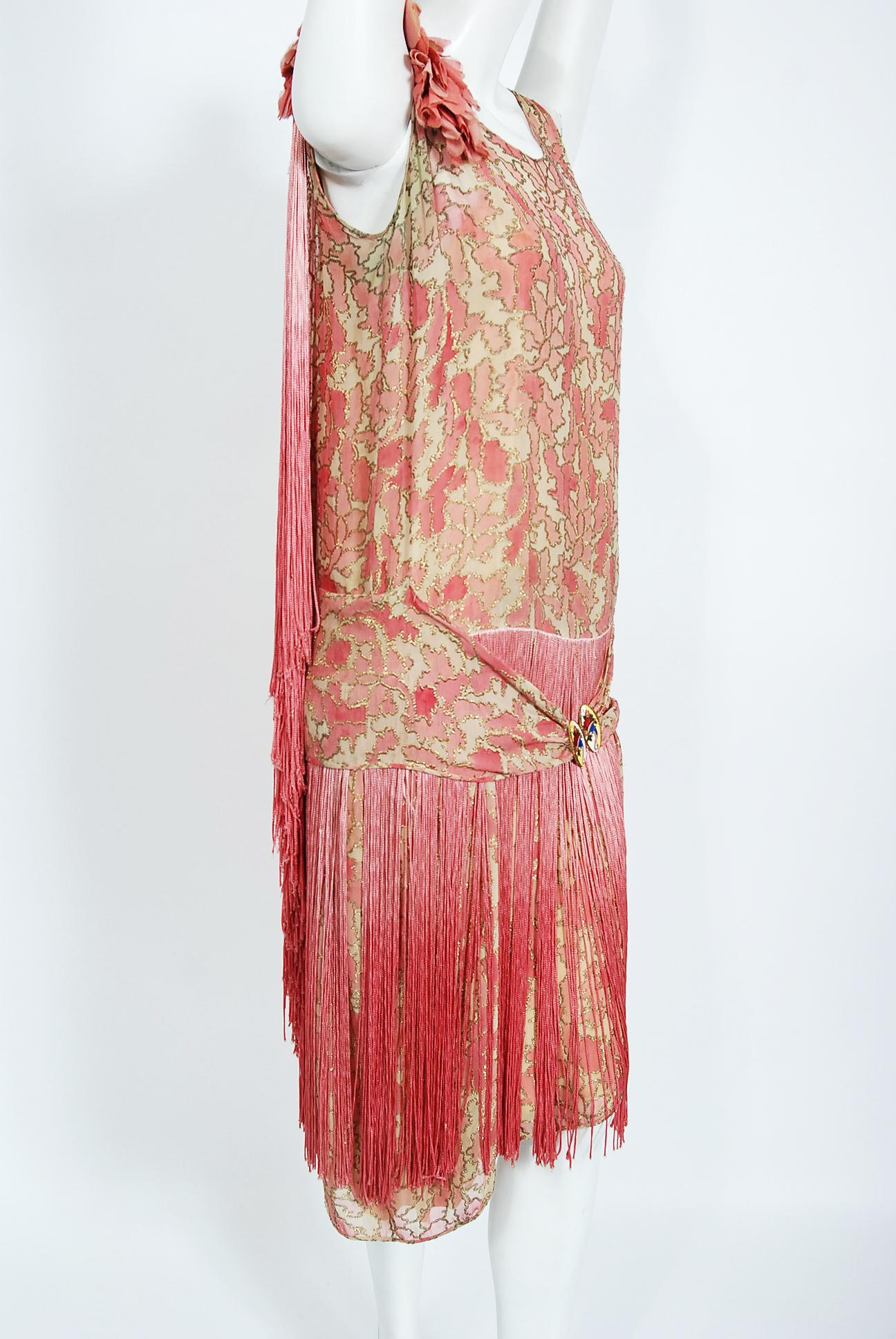 Vintage 1920's B. Altman Couture Metallic-Pink Lamé Ombre Fringe Flapper Dress 1