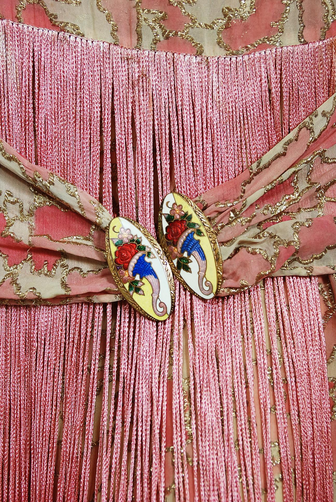 Vintage 1920's B. Altman Couture Metallic-Pink Lamé Ombre Fringe Flapper Dress 2