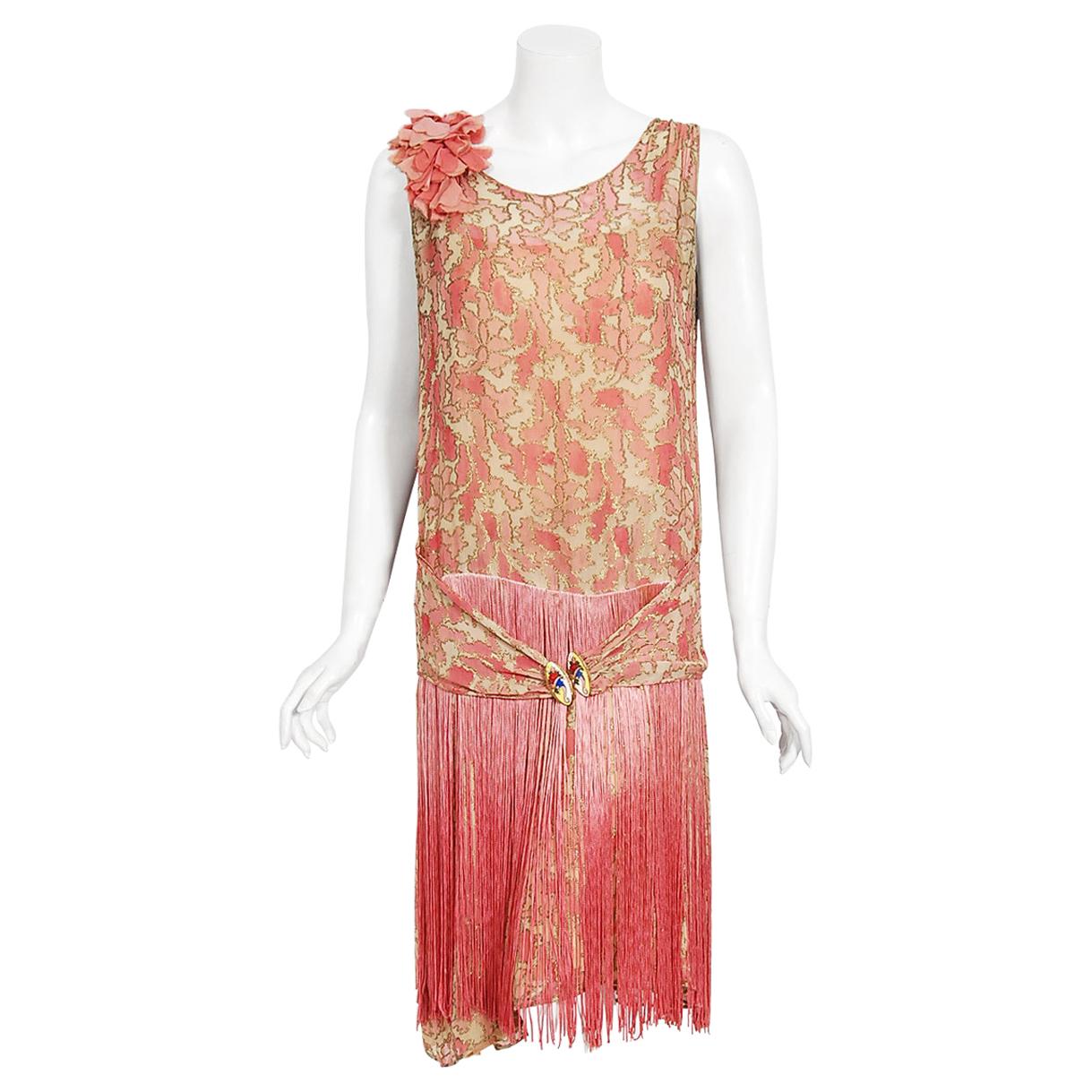 Vintage 1920's B. Altman Couture Metallic-Pink Lamé Ombre Fringe Flapper Dress