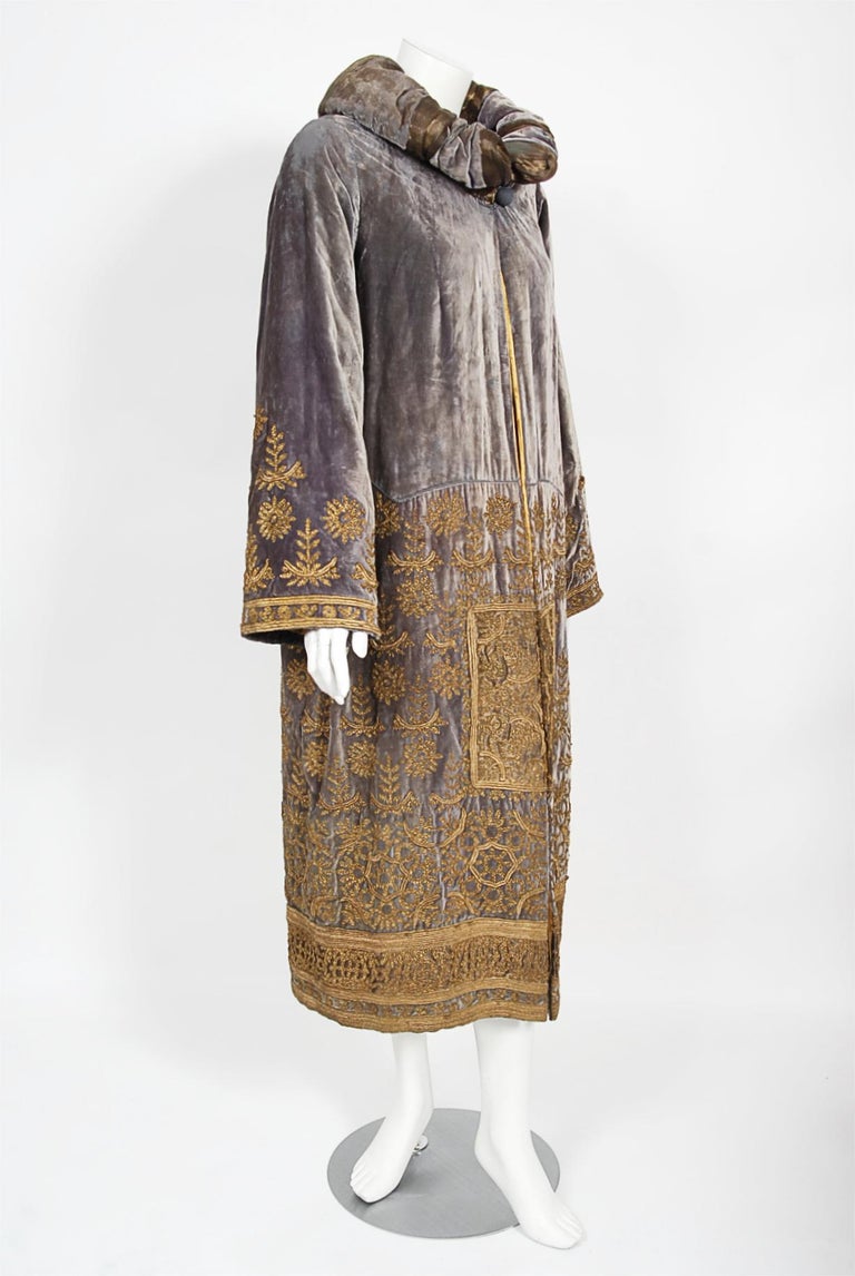 1920s Babani Haute Couture Silk Velvet w Geometric Gold Metallic Cord Dress