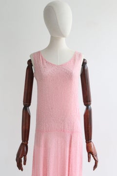 Vintage 1920's Beaded Dress Pink Cotton Voile Glass Beaded Fringed Dress UK 8-10