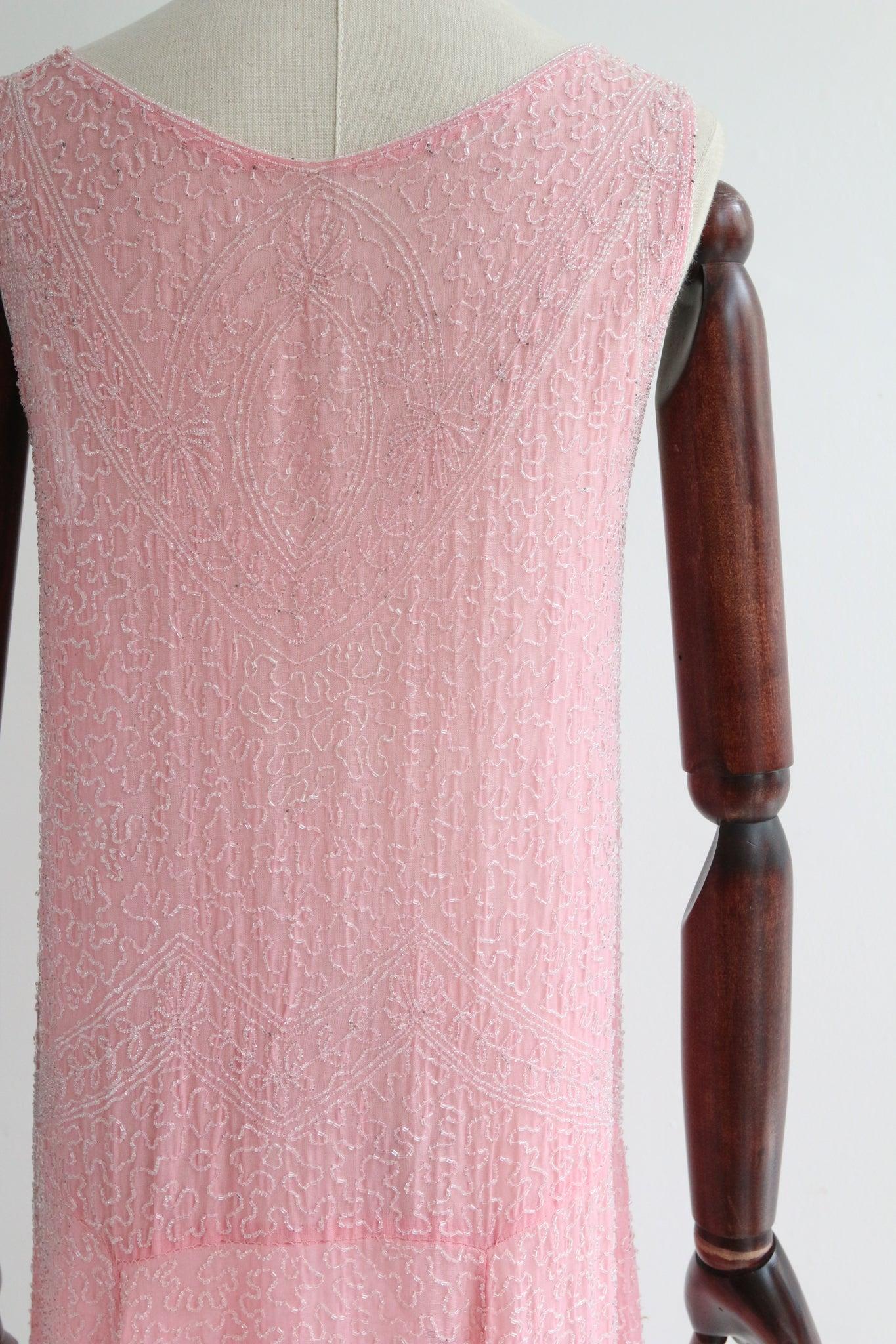 Vintage 1920's Beaded Dress Pink Cotton Voile Glass Beaded Fringed Dress UK 8-10 For Sale 5