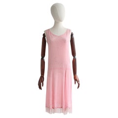 Used 1920's Beaded Dress Pink Cotton Voile Glass Beaded Fringed Dress UK 8-10