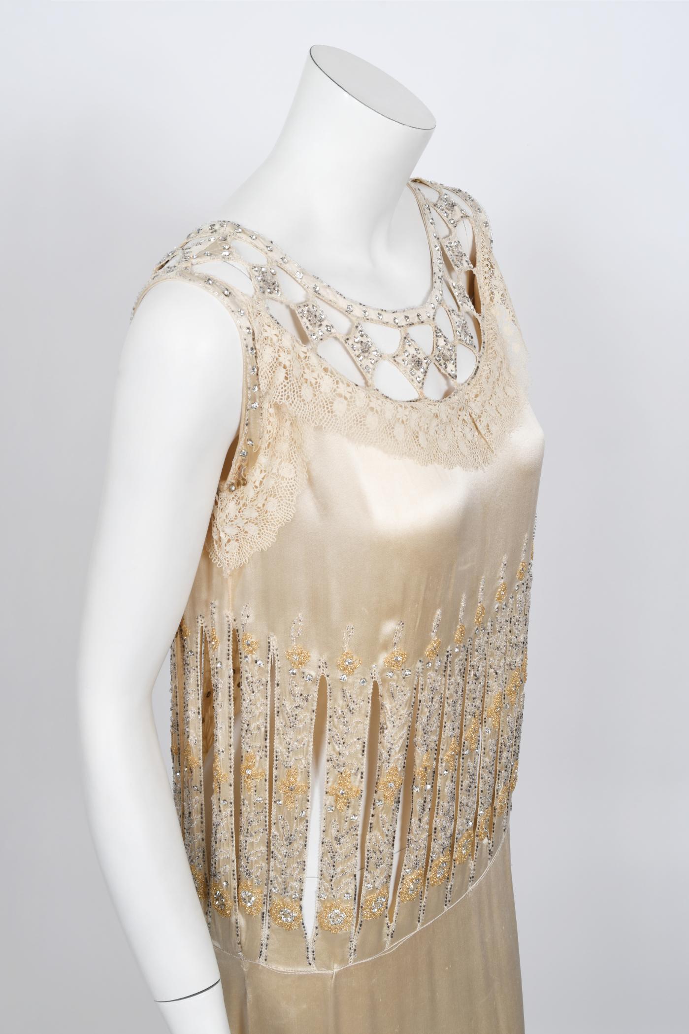 Vintage 1920s Beaded Rhinestone Cream Silk Birdcage Cut-Out Fringe Flapper Dress 6