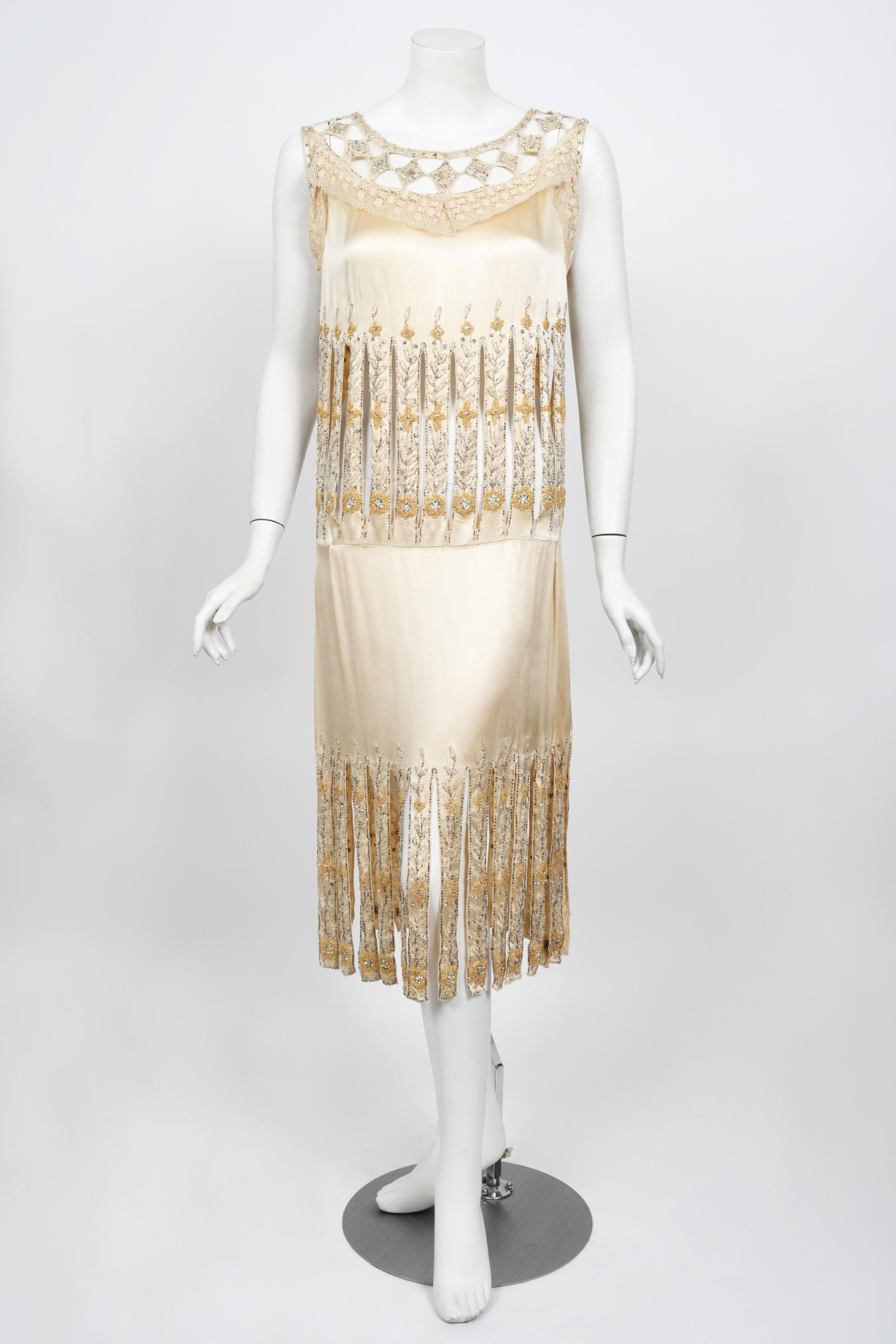 Vintage 1920s Beaded Rhinestone Cream Silk Birdcage Cut-Out Fringe Flapper Dress 7