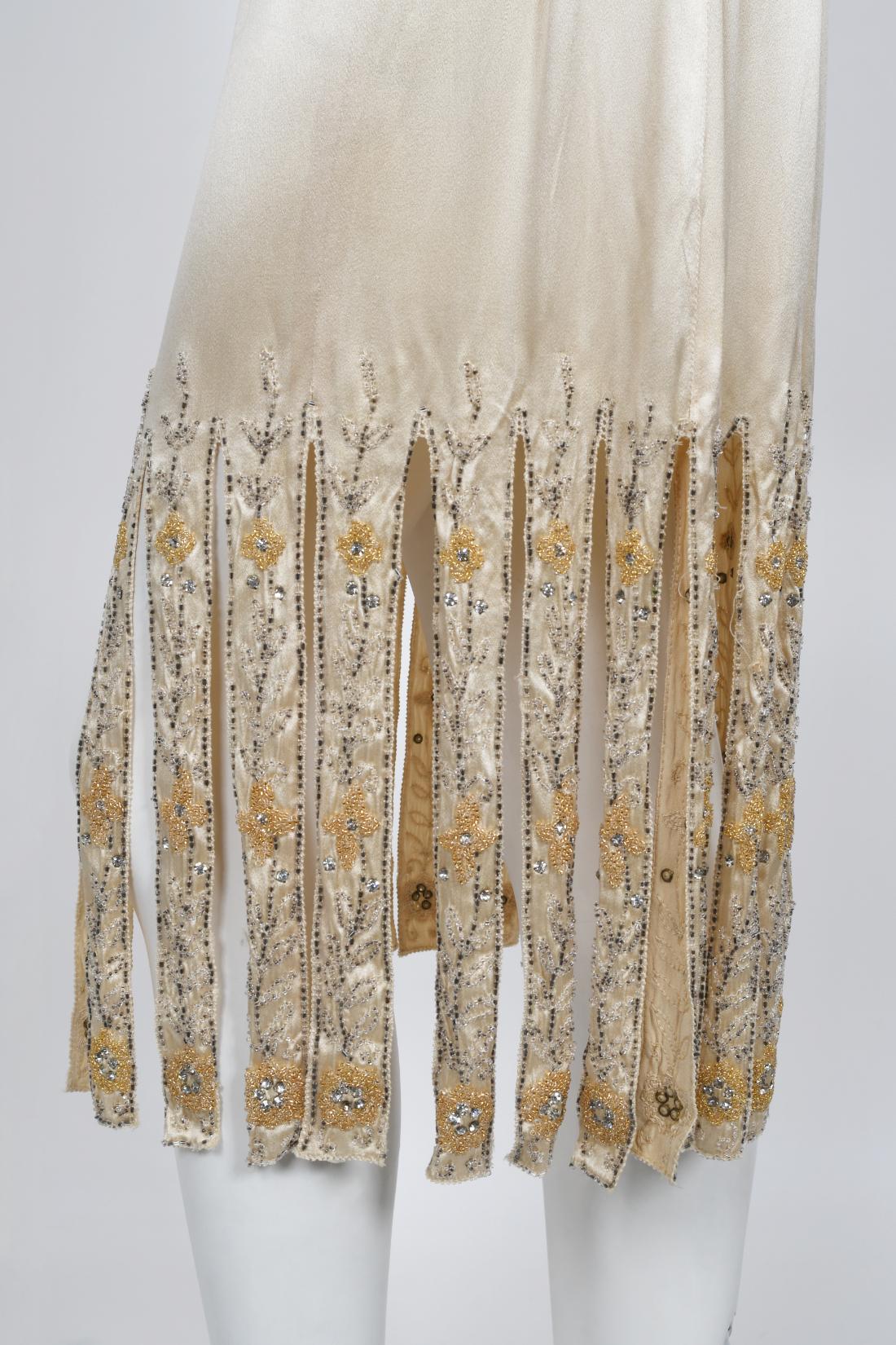 Vintage 1920s Beaded Rhinestone Cream Silk Birdcage Cut-Out Fringe Flapper Dress 9