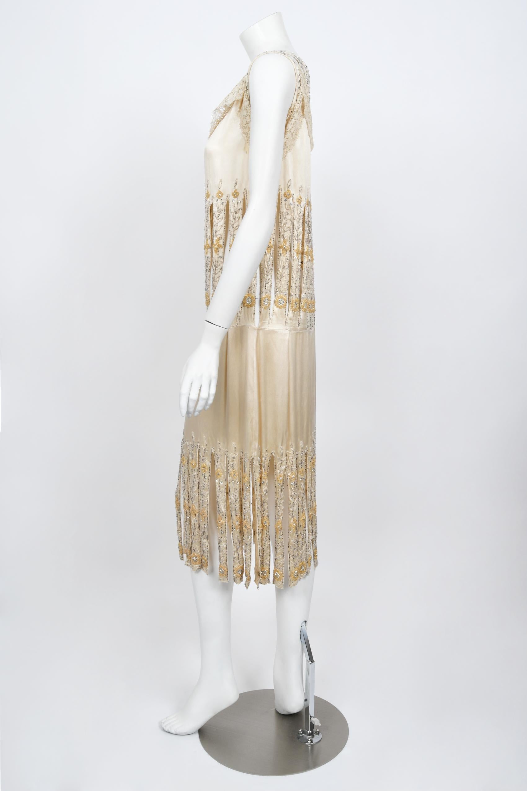 Vintage 1920s Beaded Rhinestone Cream Silk Birdcage Cut-Out Fringe Flapper Dress 10