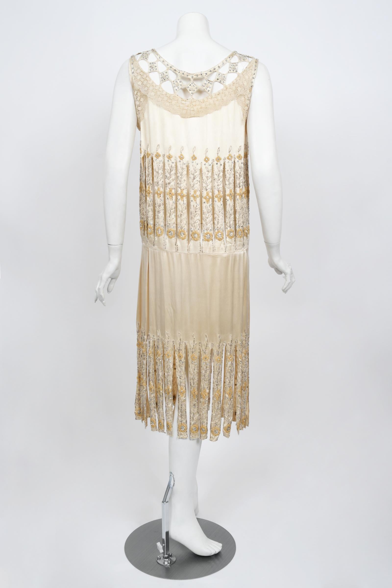 Vintage 1920s Beaded Rhinestone Cream Silk Birdcage Cut-Out Fringe Flapper Dress 11