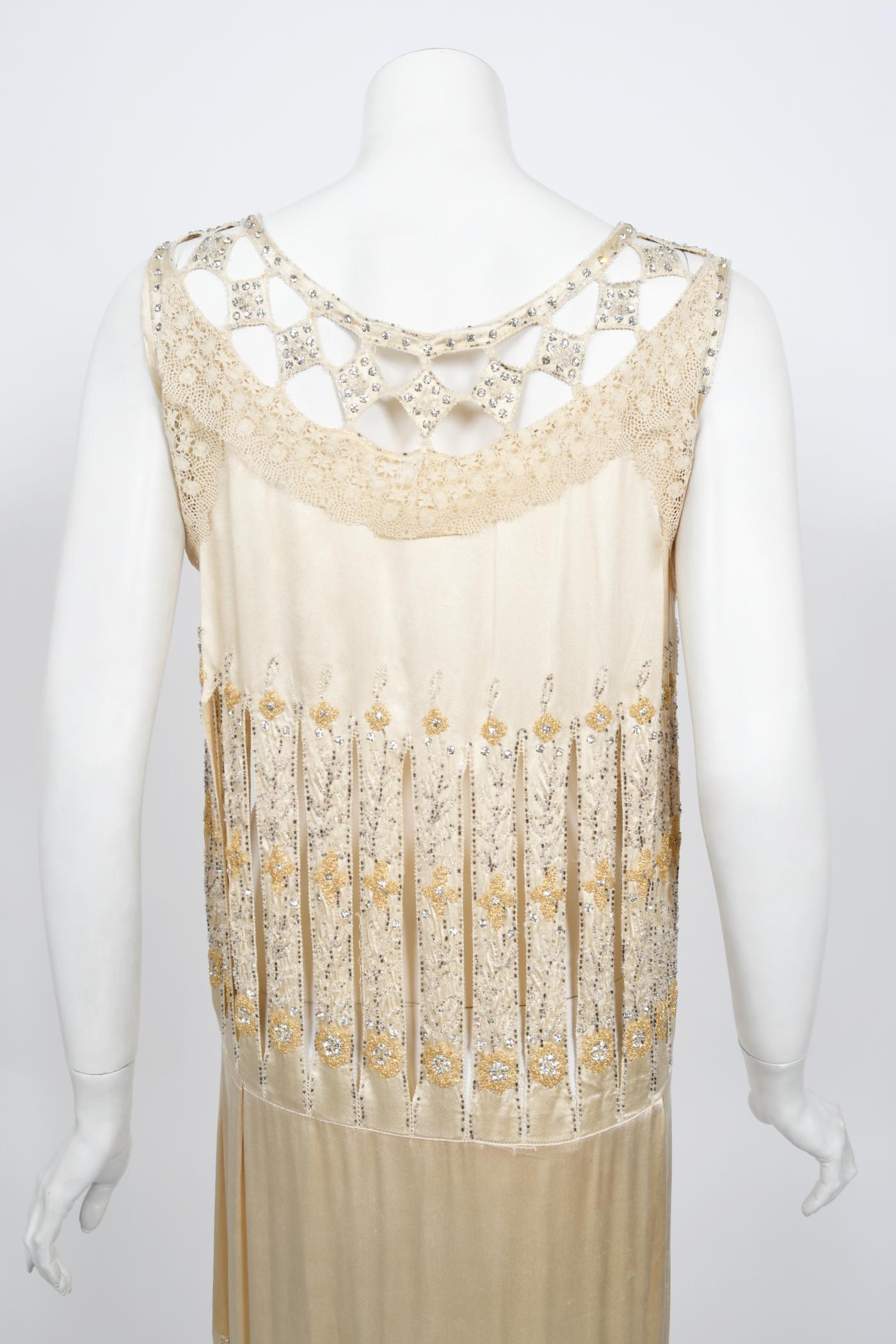 Vintage 1920s Beaded Rhinestone Cream Silk Birdcage Cut-Out Fringe Flapper Dress 12