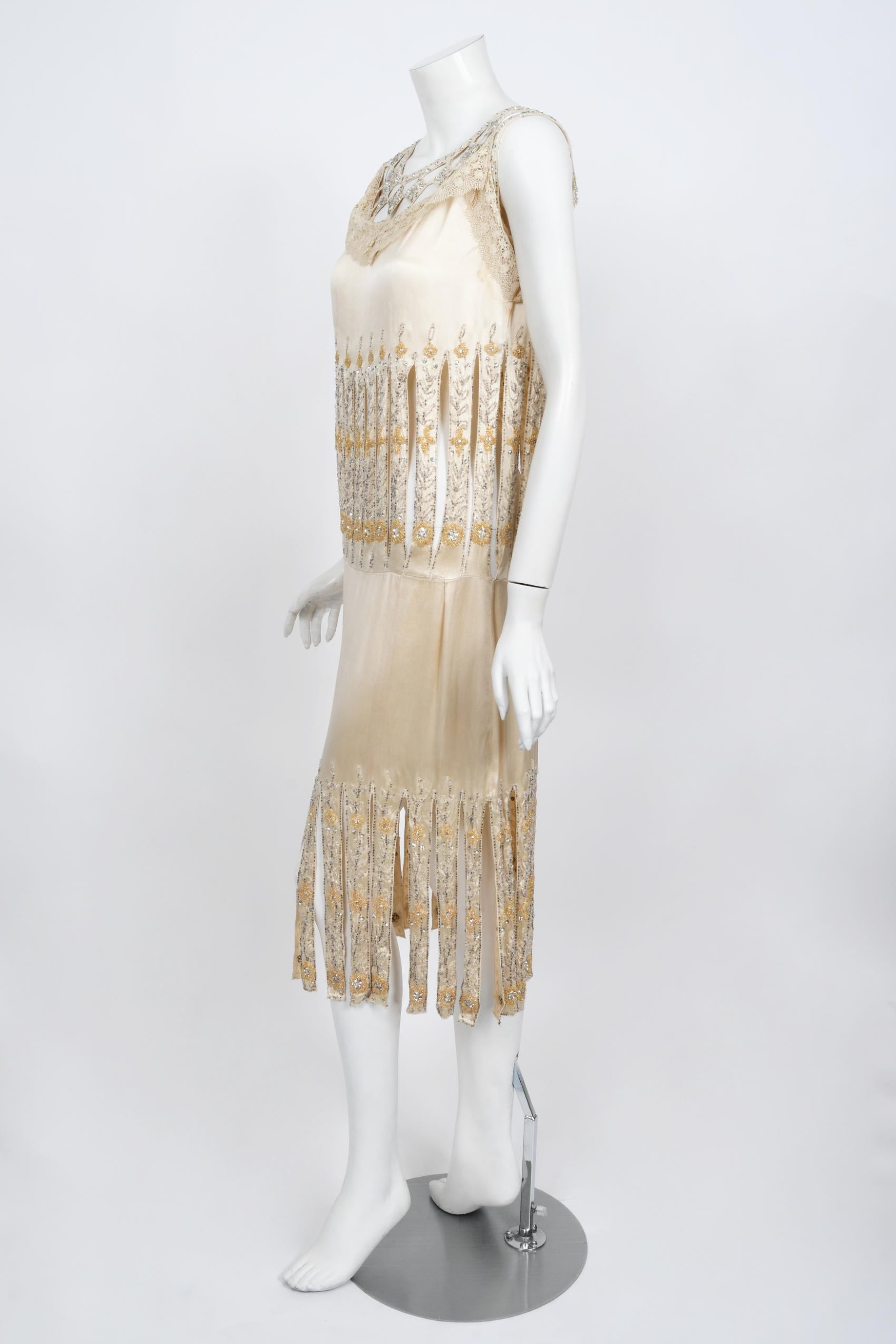 Vintage 1920s Beaded Rhinestone Cream Silk Birdcage Cut-Out Fringe Flapper Dress 2