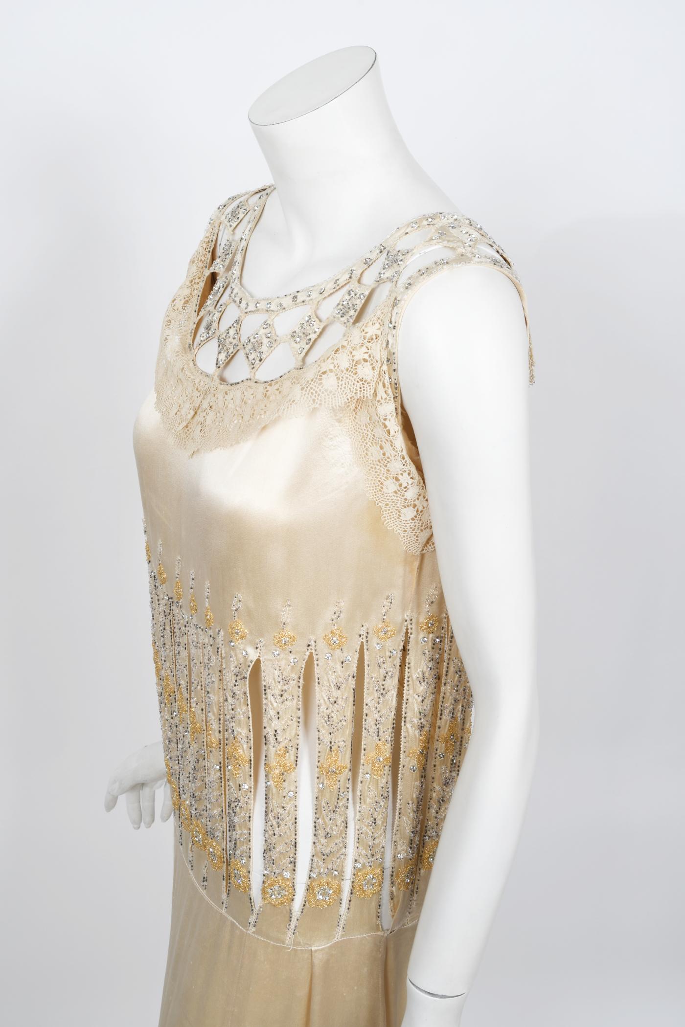 Vintage 1920s Beaded Rhinestone Cream Silk Birdcage Cut-Out Fringe Flapper Dress 3