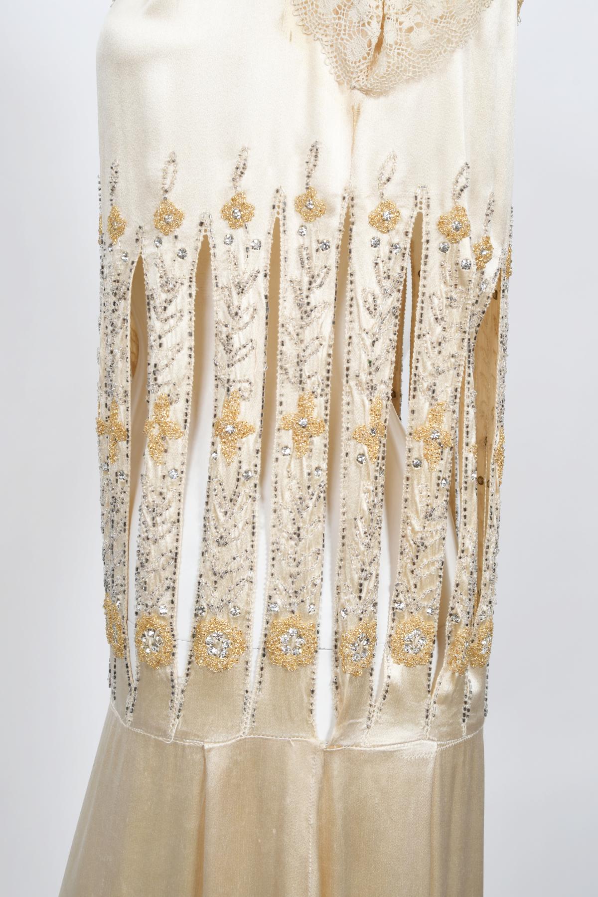 Vintage 1920s Beaded Rhinestone Cream Silk Birdcage Cut-Out Fringe Flapper Dress 4