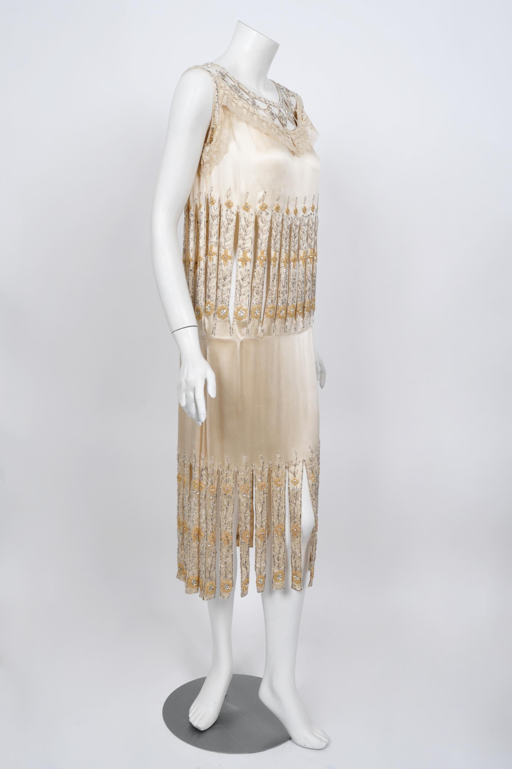 Vintage 1920s Beaded Rhinestone Cream Silk Birdcage Cut-Out Fringe Flapper Dress 5