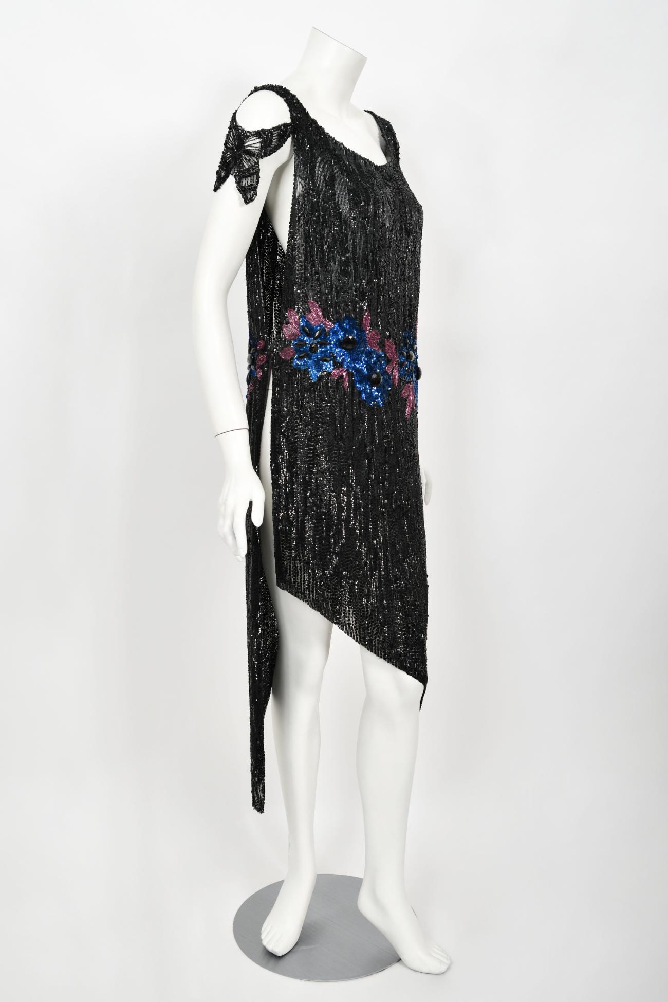 Vintage 1920's Beaded Sequin Sheer-Net Butterfly Motif Asymmetric Flapper Dress 9
