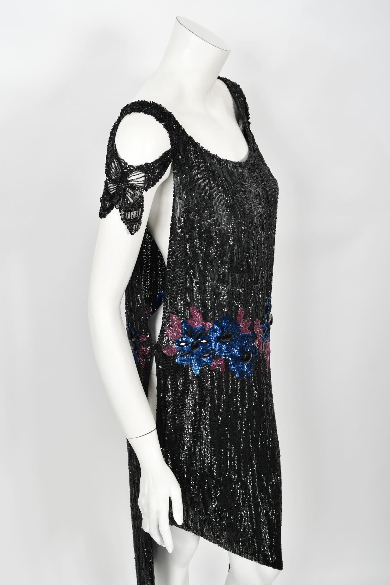 Vintage 1920's Beaded Sequin Sheer-Net Butterfly Motif Asymmetric Flapper Dress 10