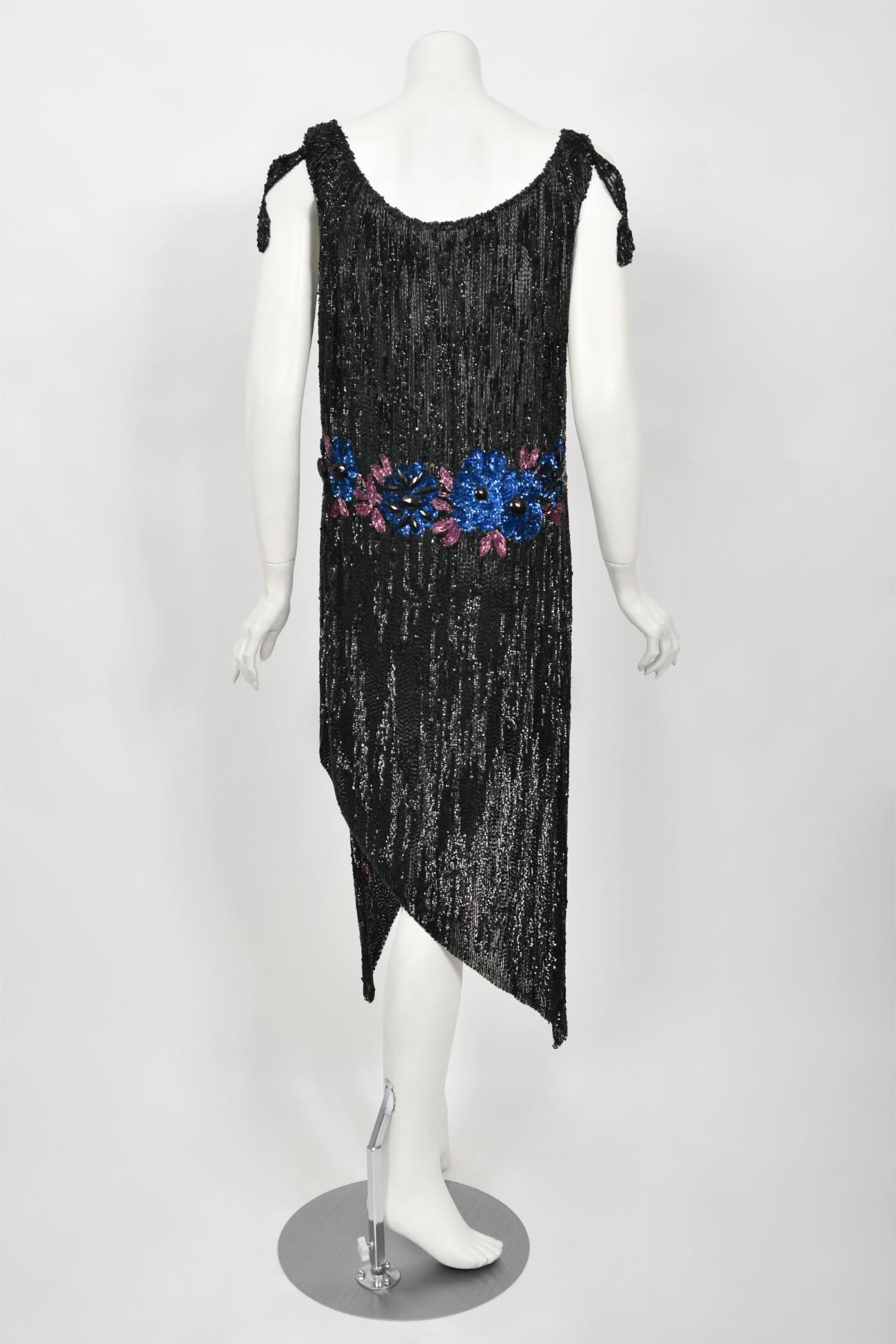 Vintage 1920's Beaded Sequin Sheer-Net Butterfly Motif Asymmetric Flapper Dress 12