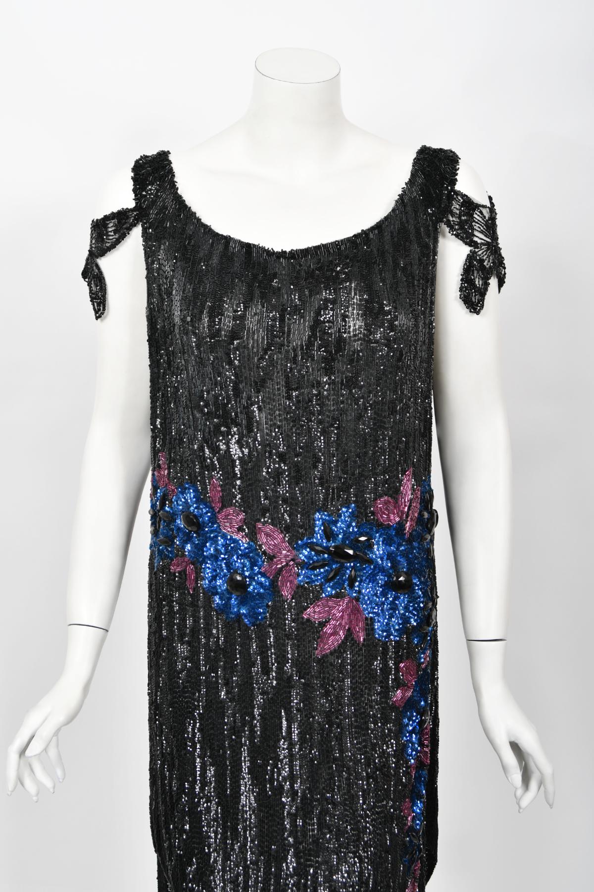 Vintage 1920's Beaded Sequin Sheer-Net Butterfly Motif Asymmetric Flapper Dress In Good Condition In Beverly Hills, CA