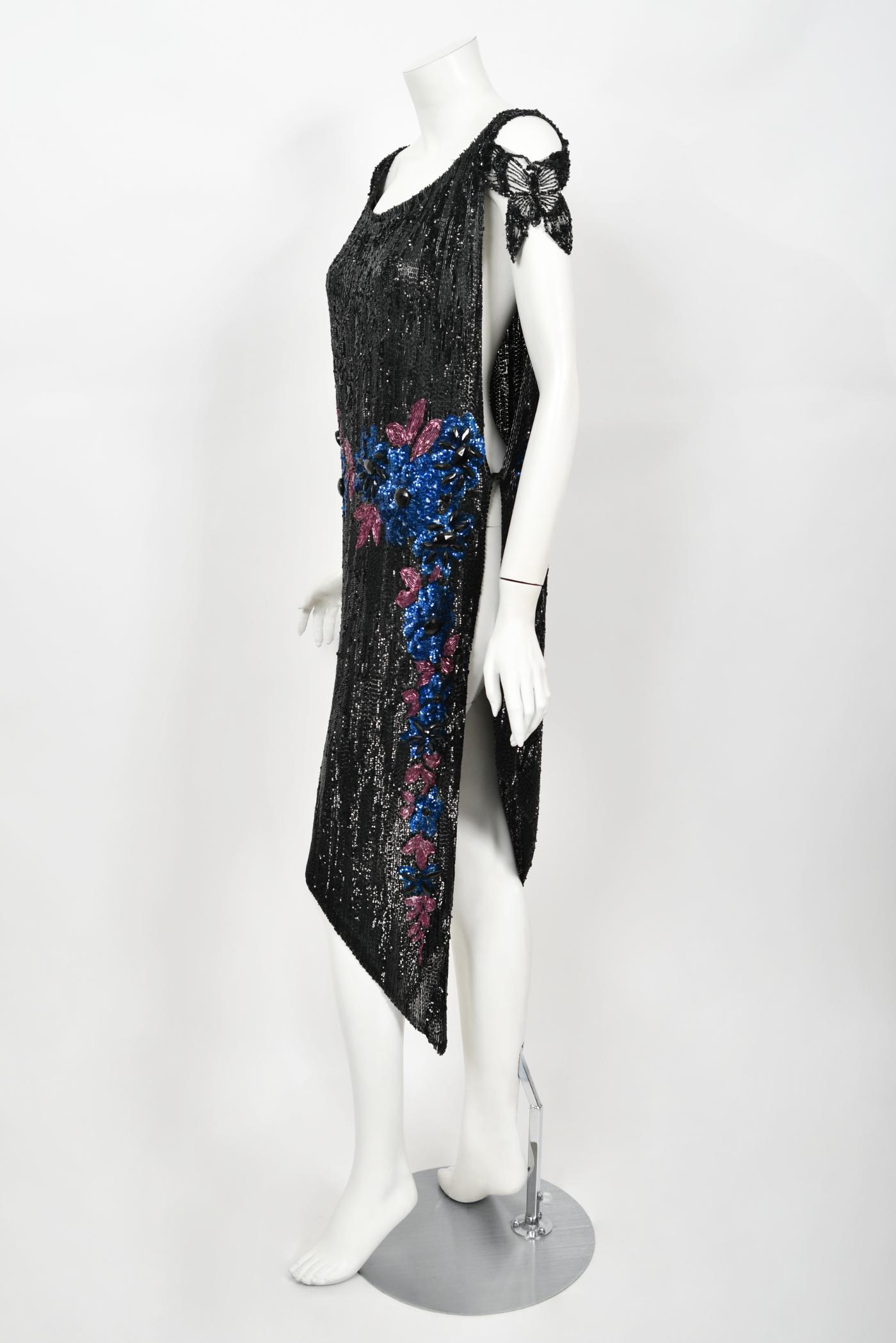 Vintage 1920's Beaded Sequin Sheer-Net Butterfly Motif Asymmetric Flapper Dress 1