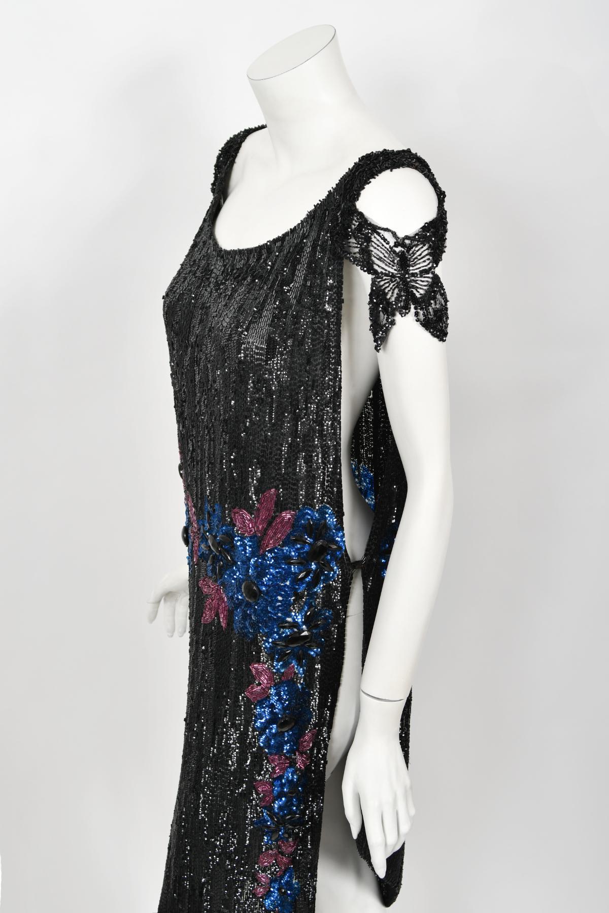 Vintage 1920's Beaded Sequin Sheer-Net Butterfly Motif Asymmetric Flapper Dress 2