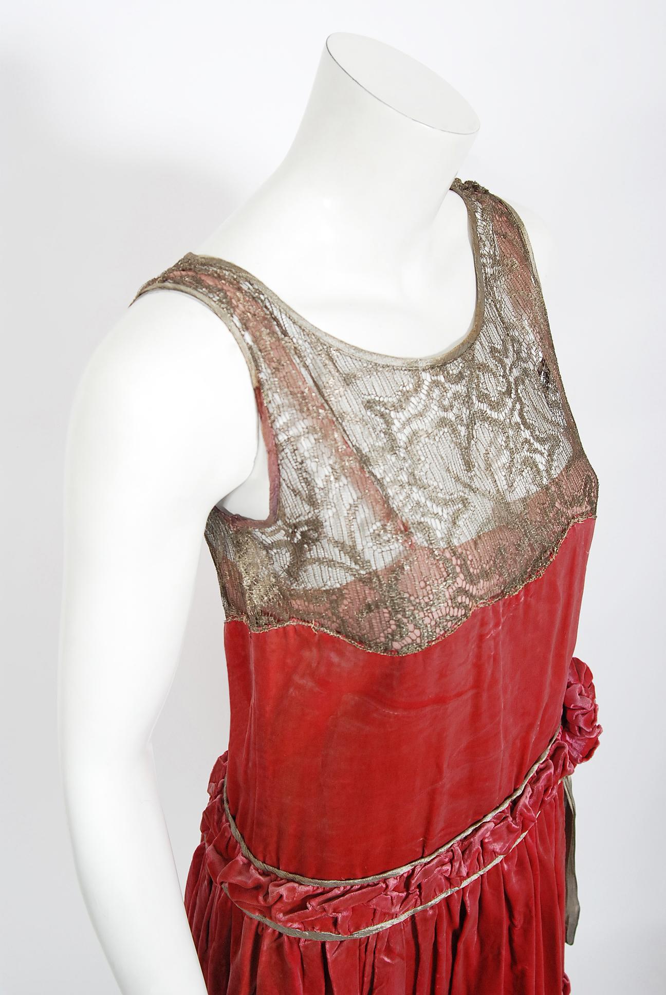 Vintage 1920's Bedell Couture Magenta Velvet Metallic-Gold Lace Flapper Dress 4