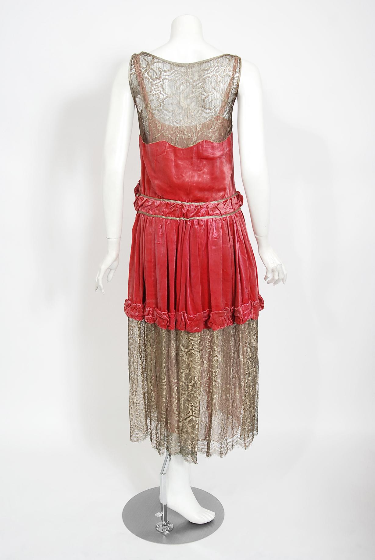 Vintage 1920's Bedell Couture Magenta Velvet Metallic-Gold Lace Flapper Dress 5
