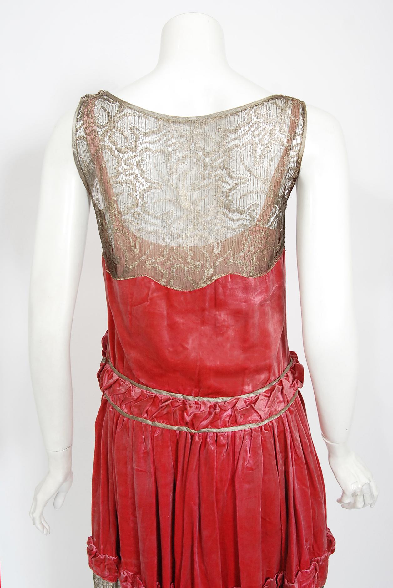 Vintage 1920's Bedell Couture Magenta Velvet Metallic-Gold Lace Flapper Dress 6