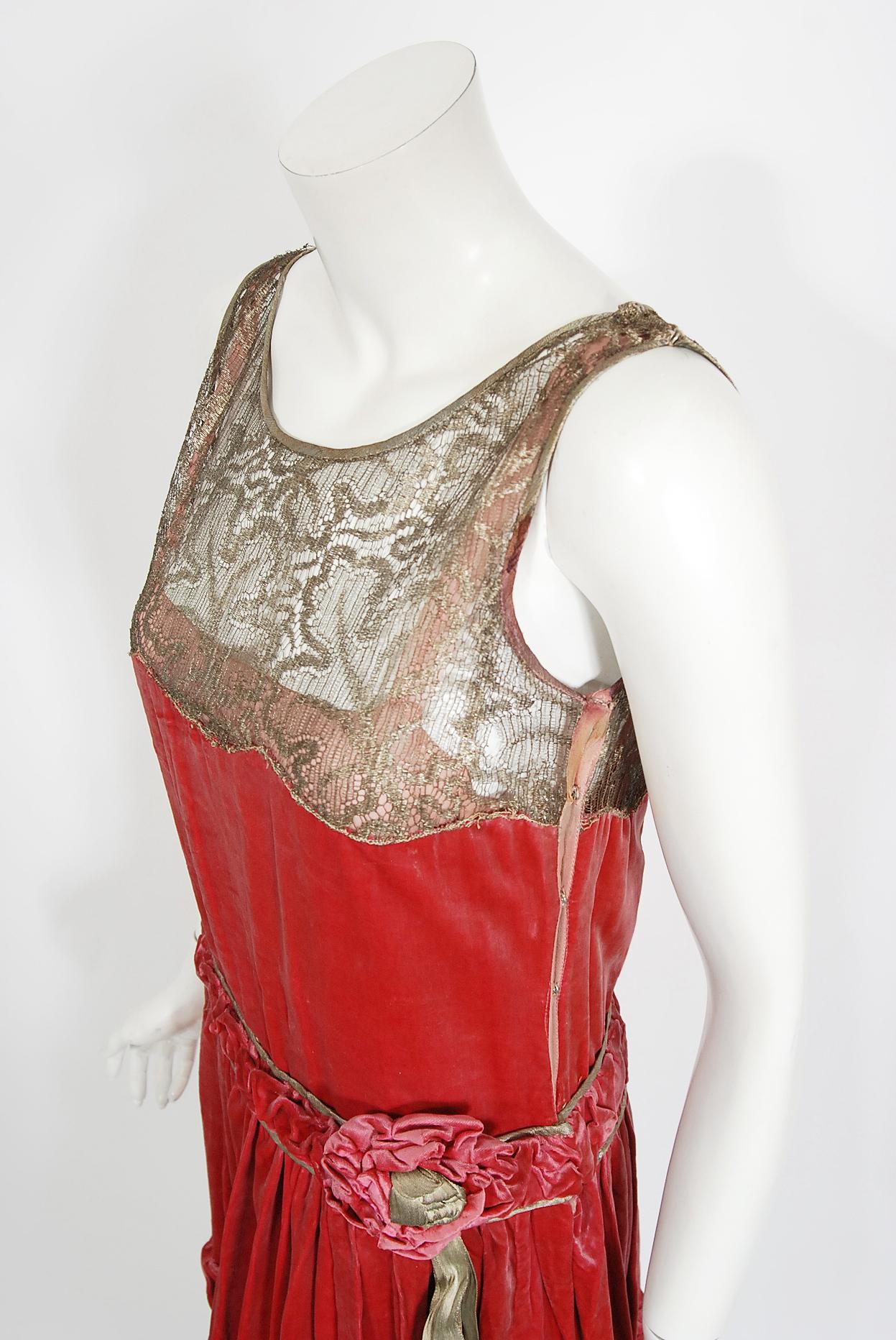 Beige Vintage 1920's Bedell Couture Magenta Velvet Metallic-Gold Lace Flapper Dress